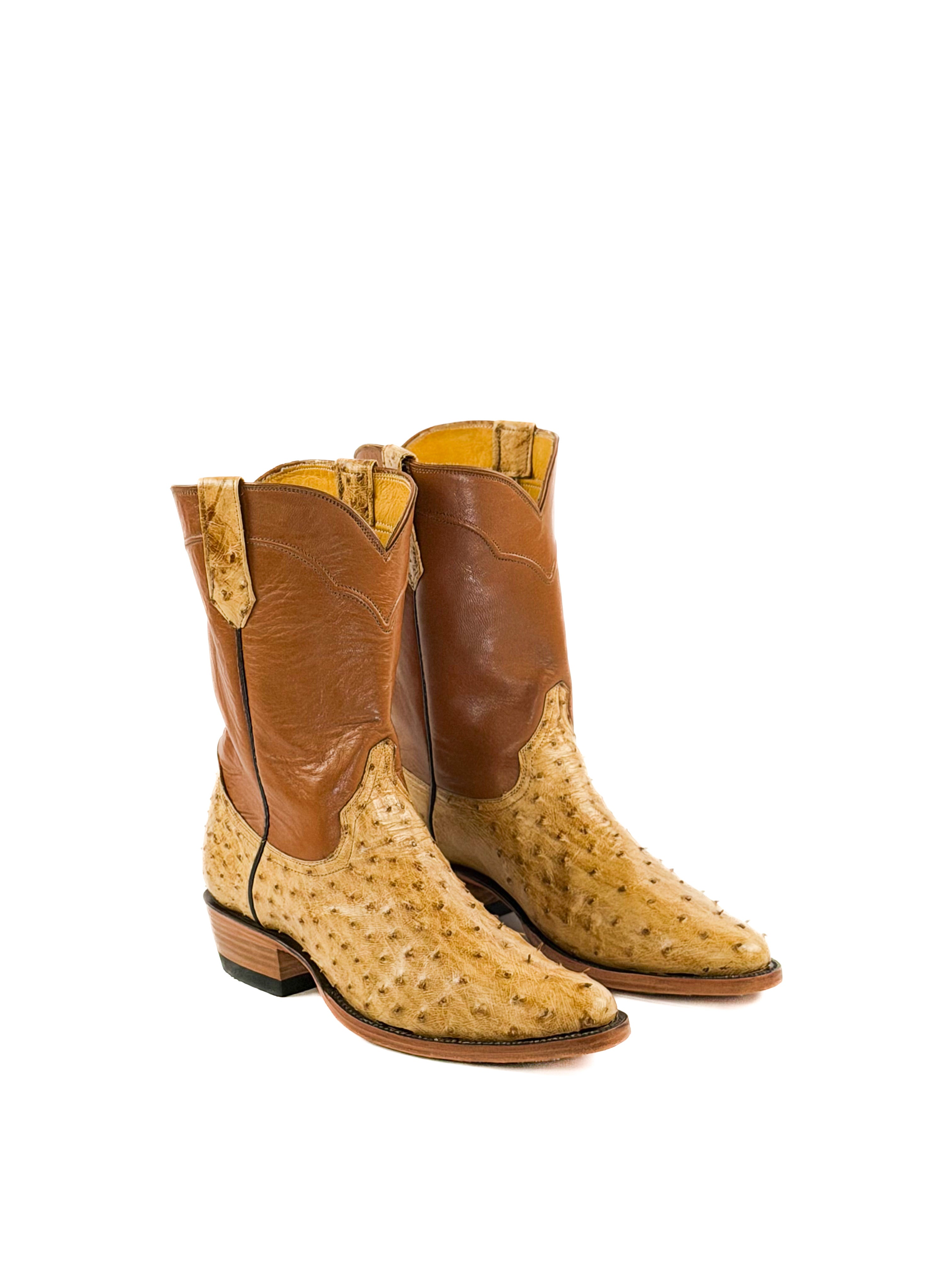 Bronze round toe ostrich boots with a burnt orange upper shaft