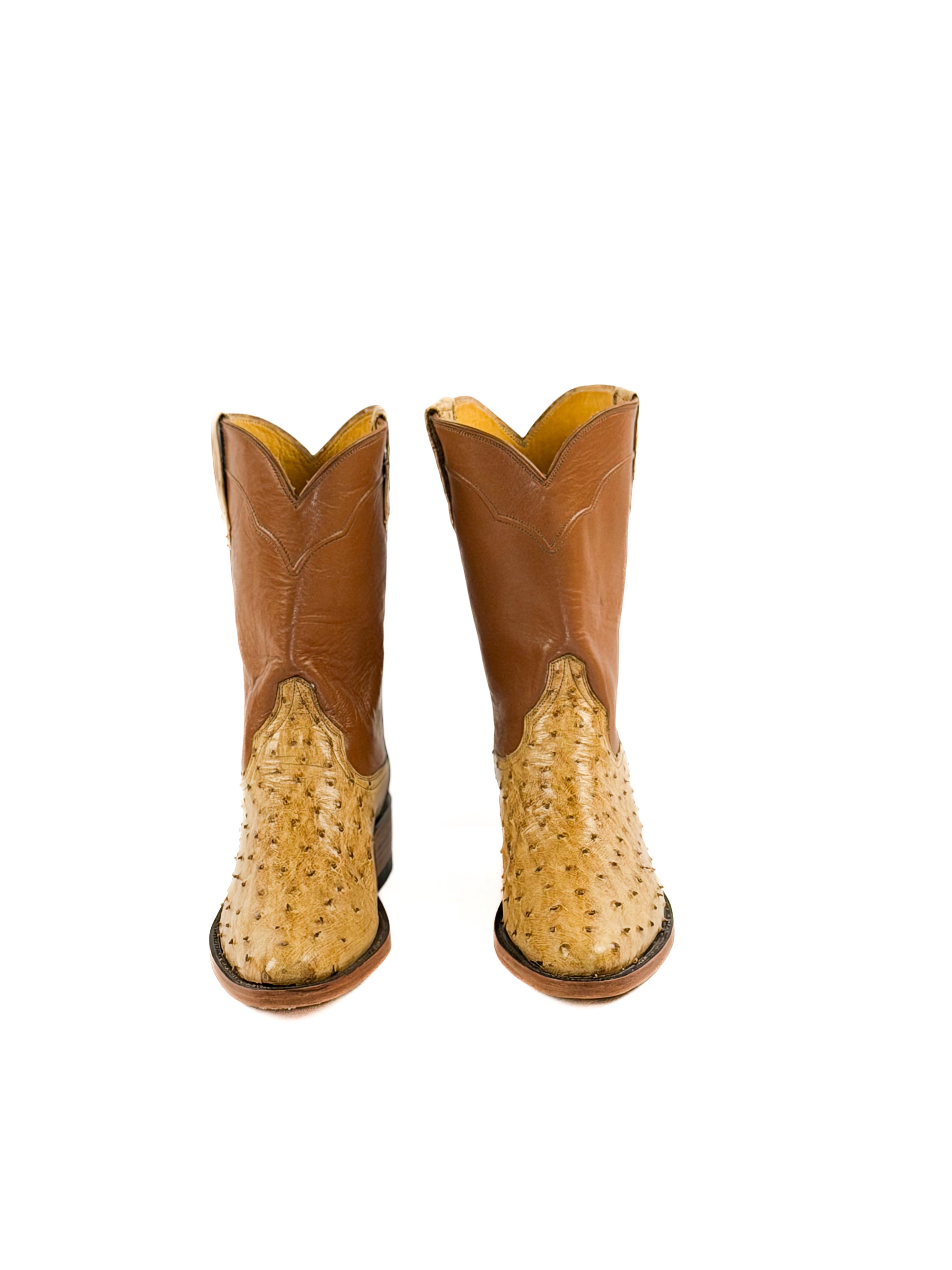 Bronze round toe ostrich boots with a burnt orange upper shaft