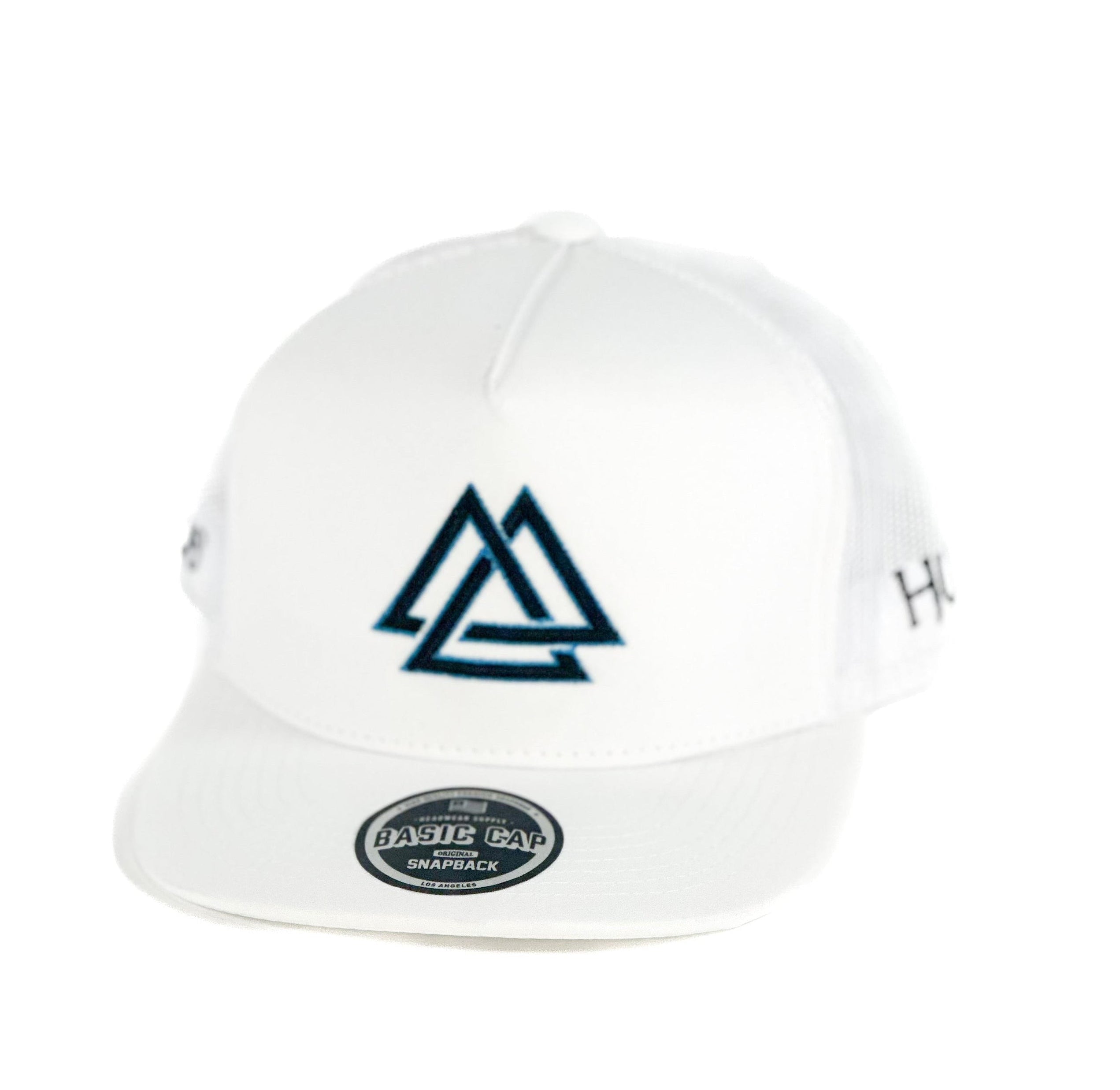 White mesh cap with Blue triangle cuadra piedreros logo