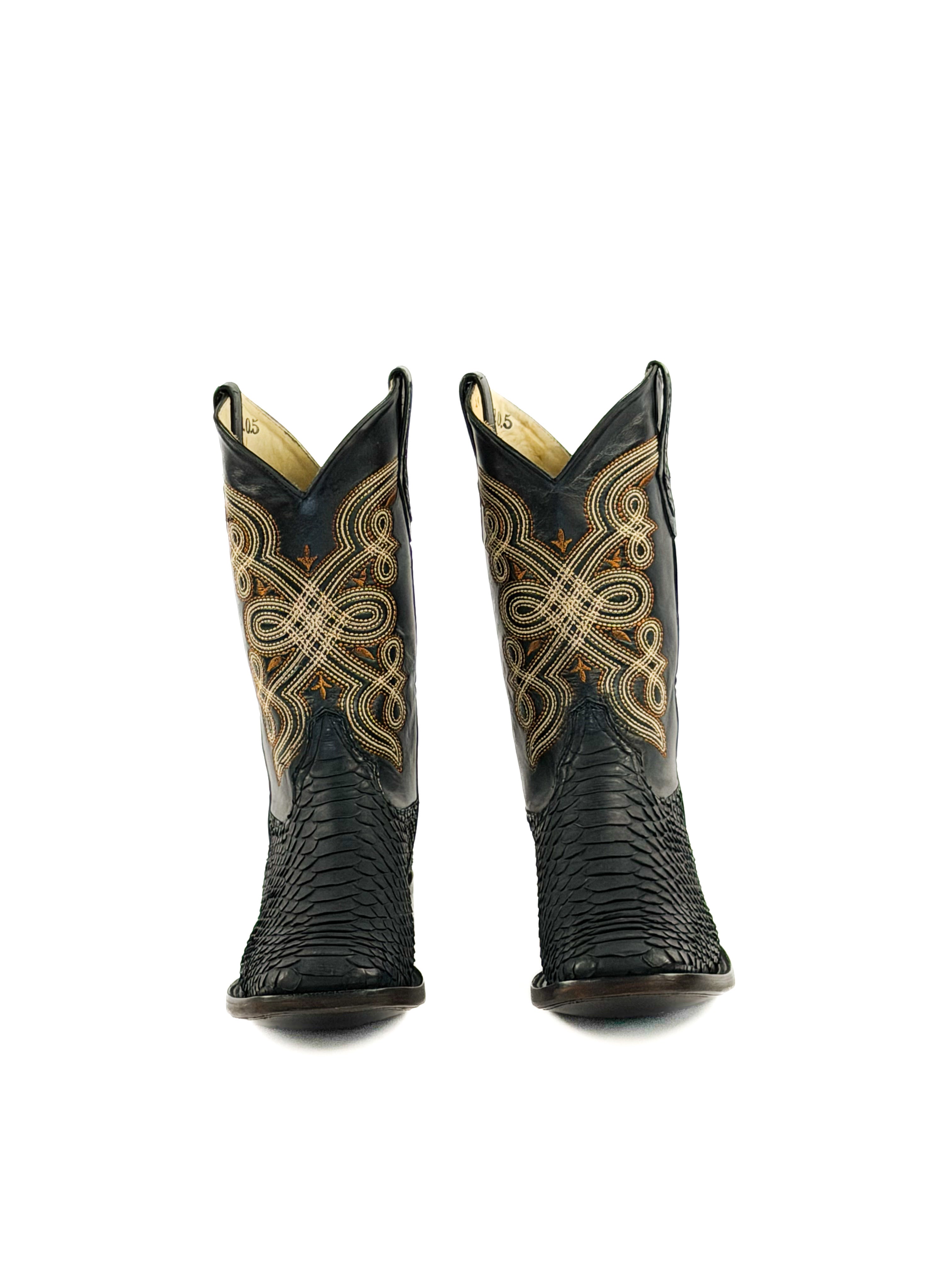 Pair of black square toe boots with gold stitching on a black upper shaft