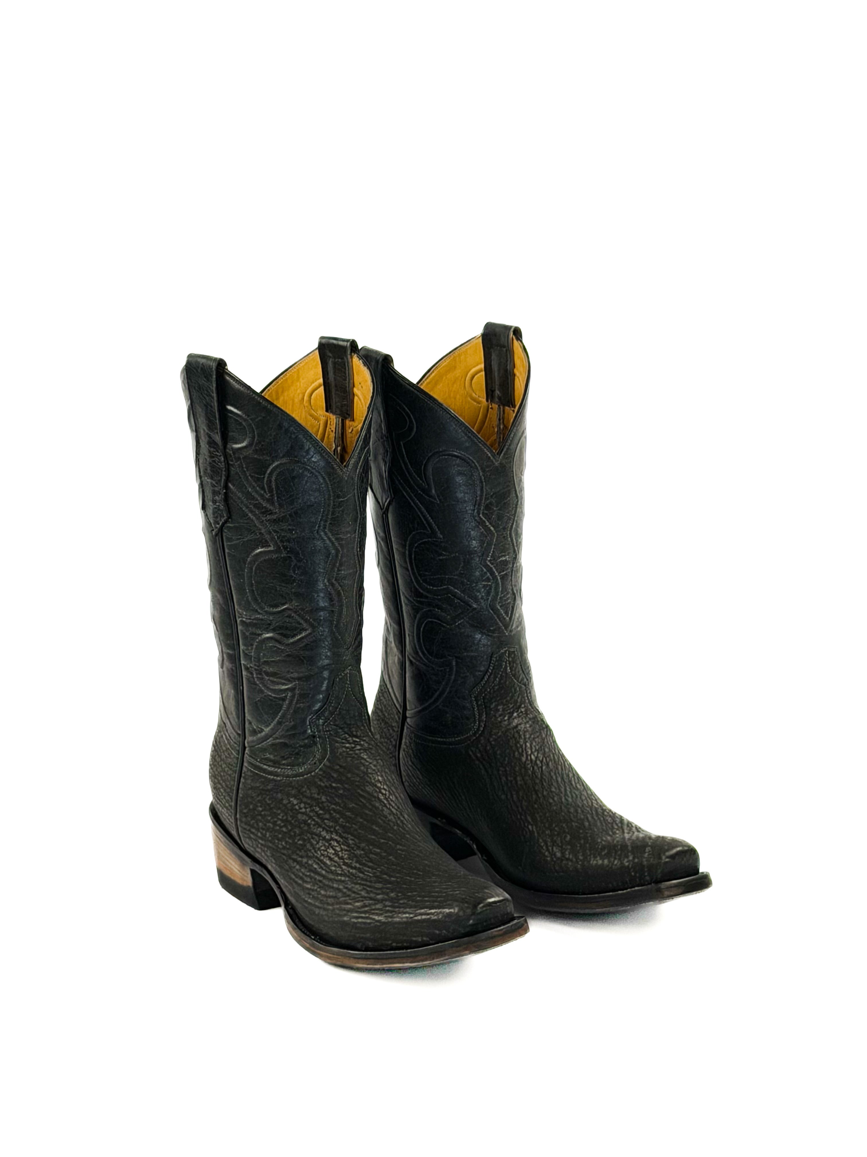 Pair of all black 7-toe boots with cording upper shafts