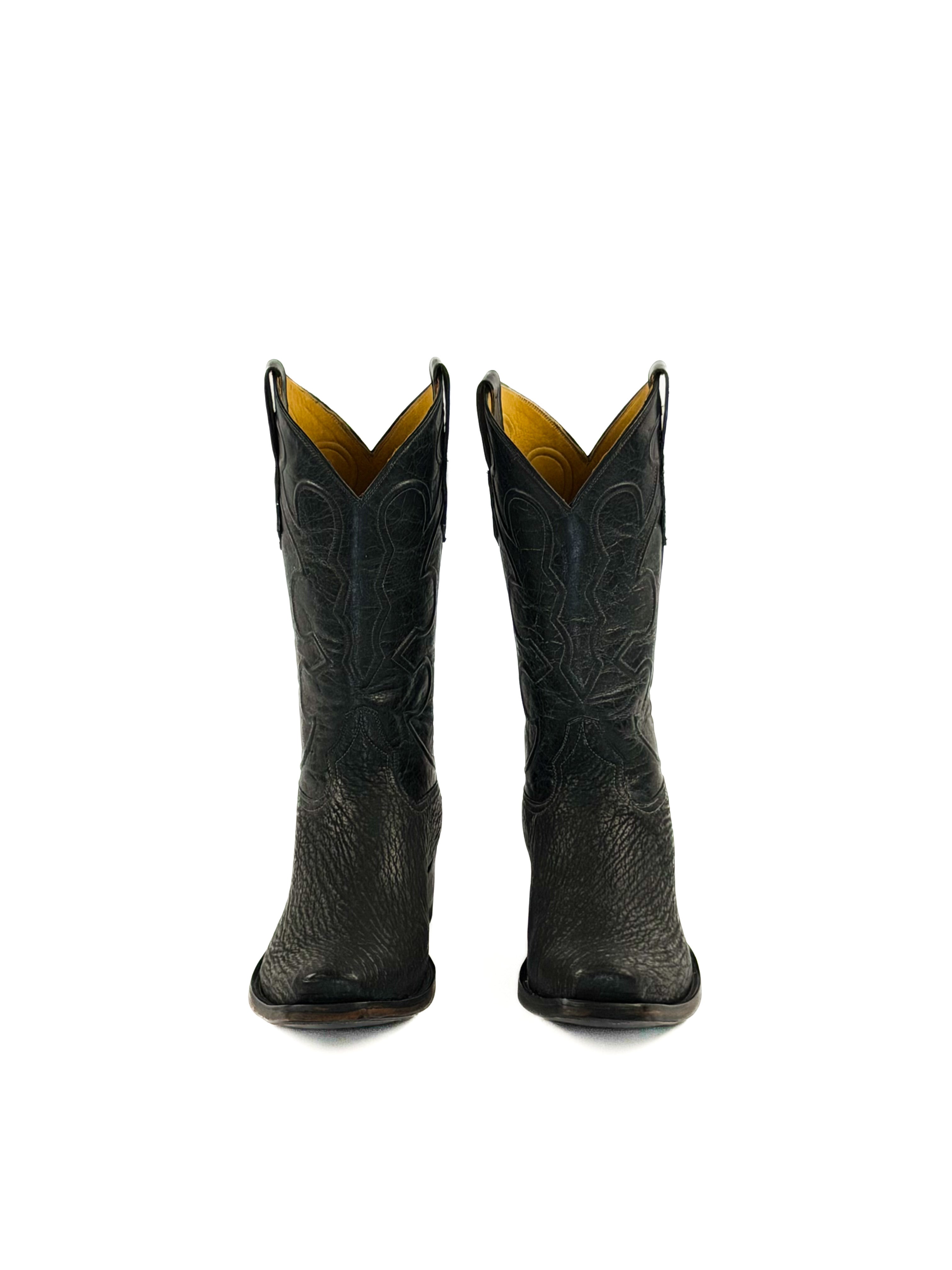 Pair of all black 7-toe boots with cording upper shafts