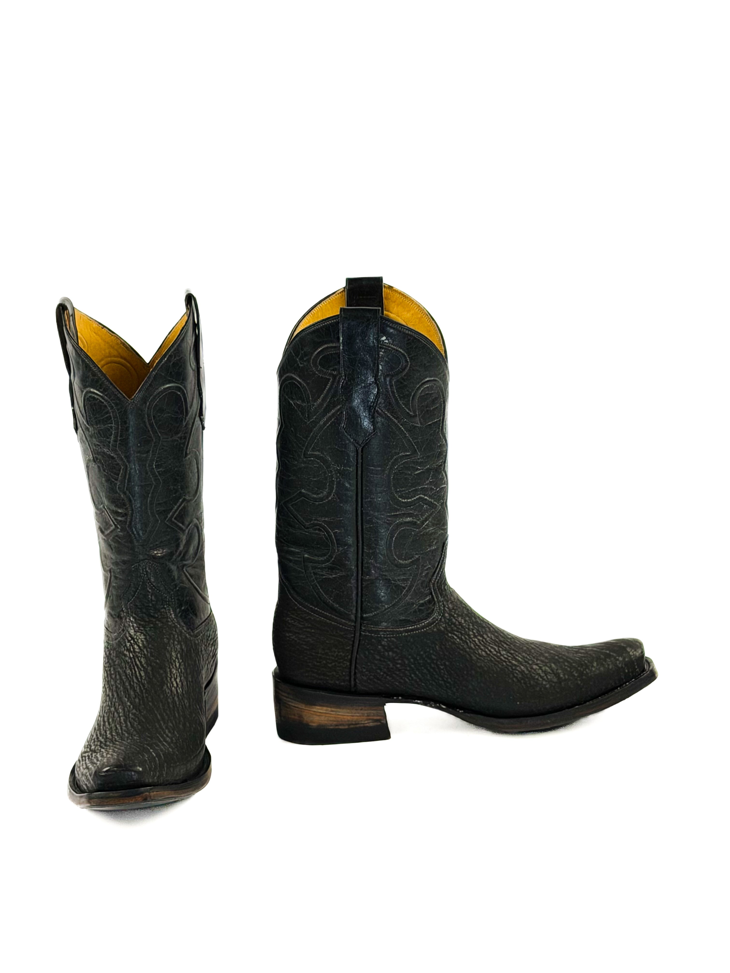 Pair of all black 7-toe boots with cording upper shafts