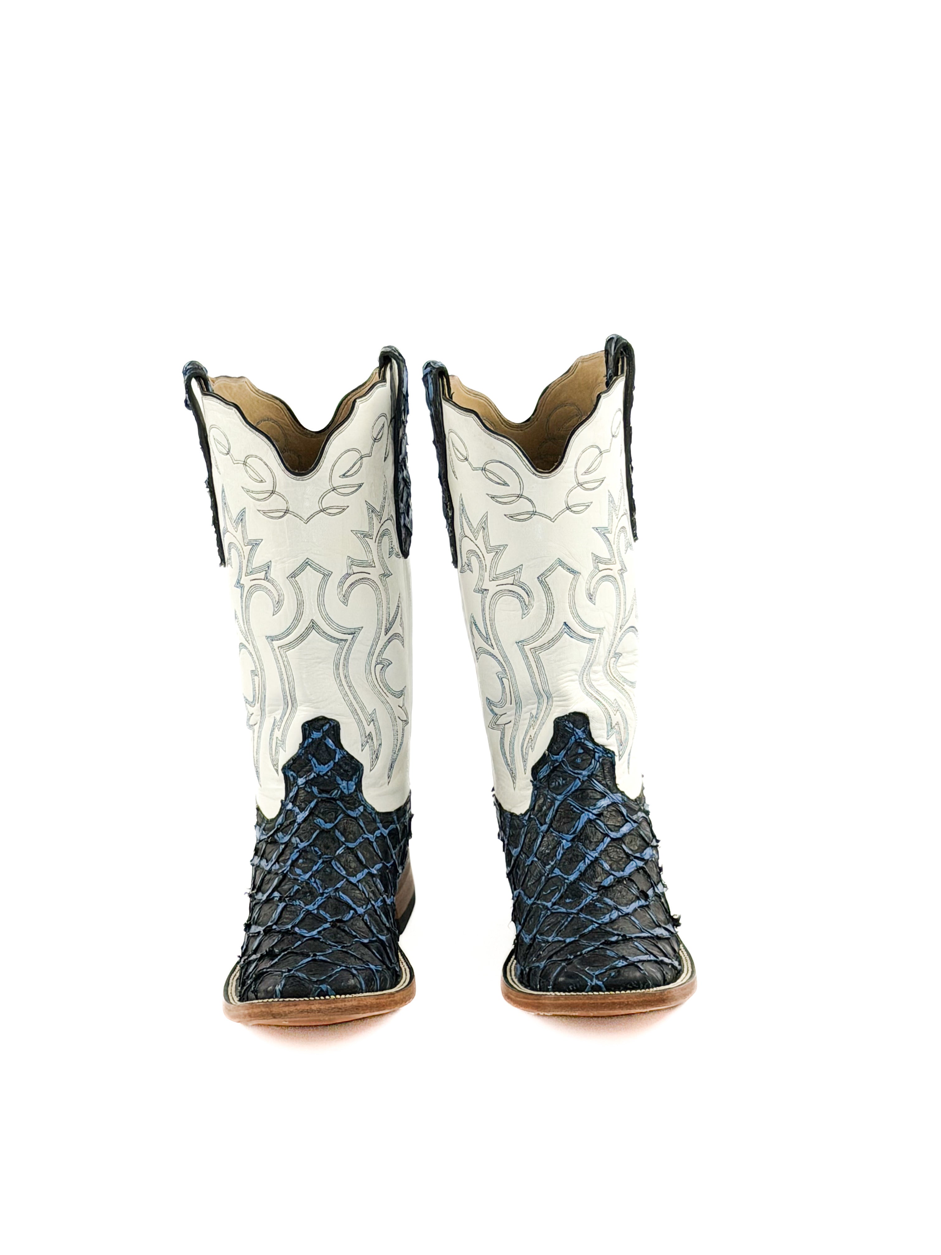 Pair of blue fish square toe boots with white leather shaft and blue stitching