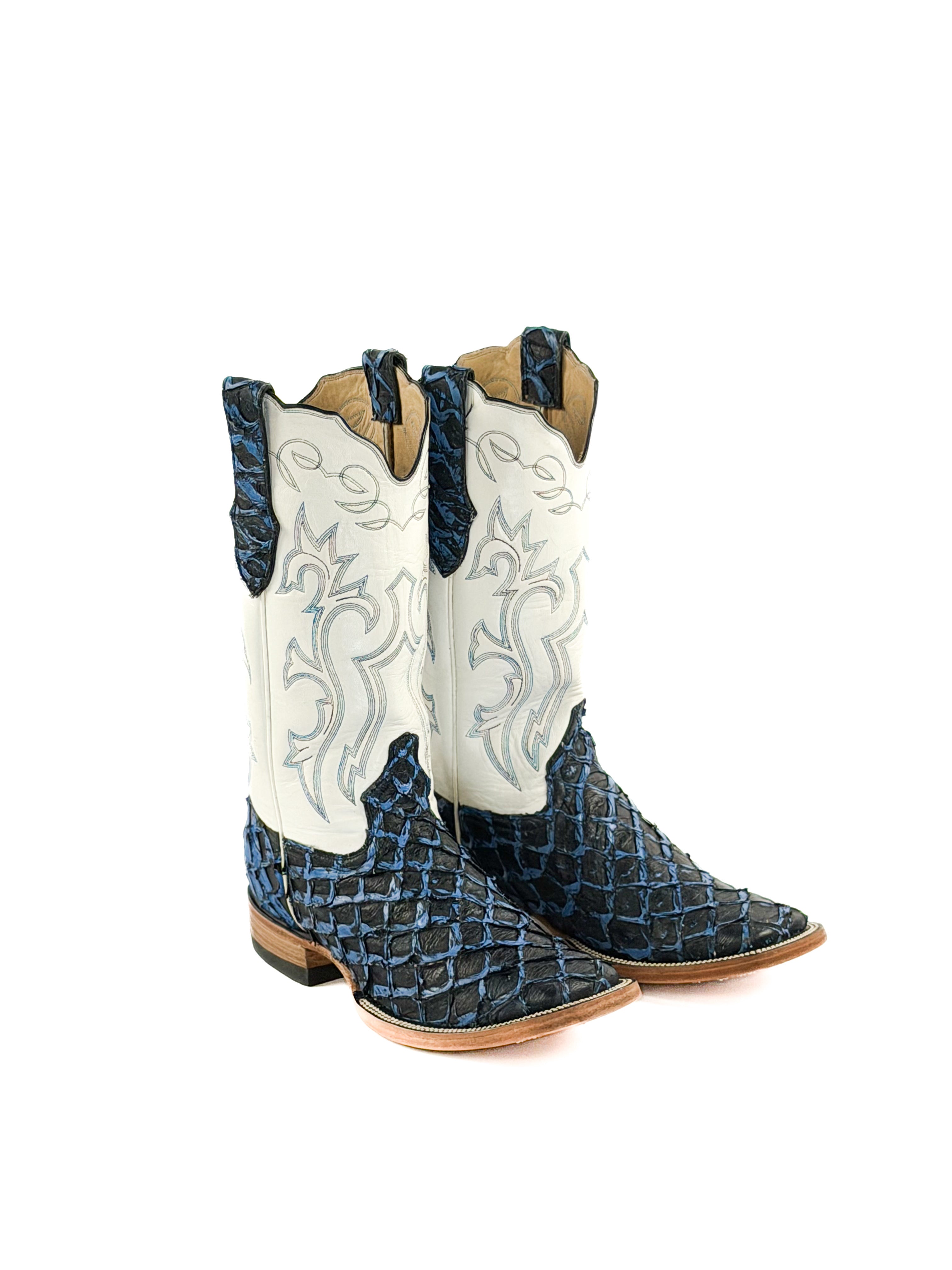 Pair of blue fish square toe boots with white leather shaft and blue stitching