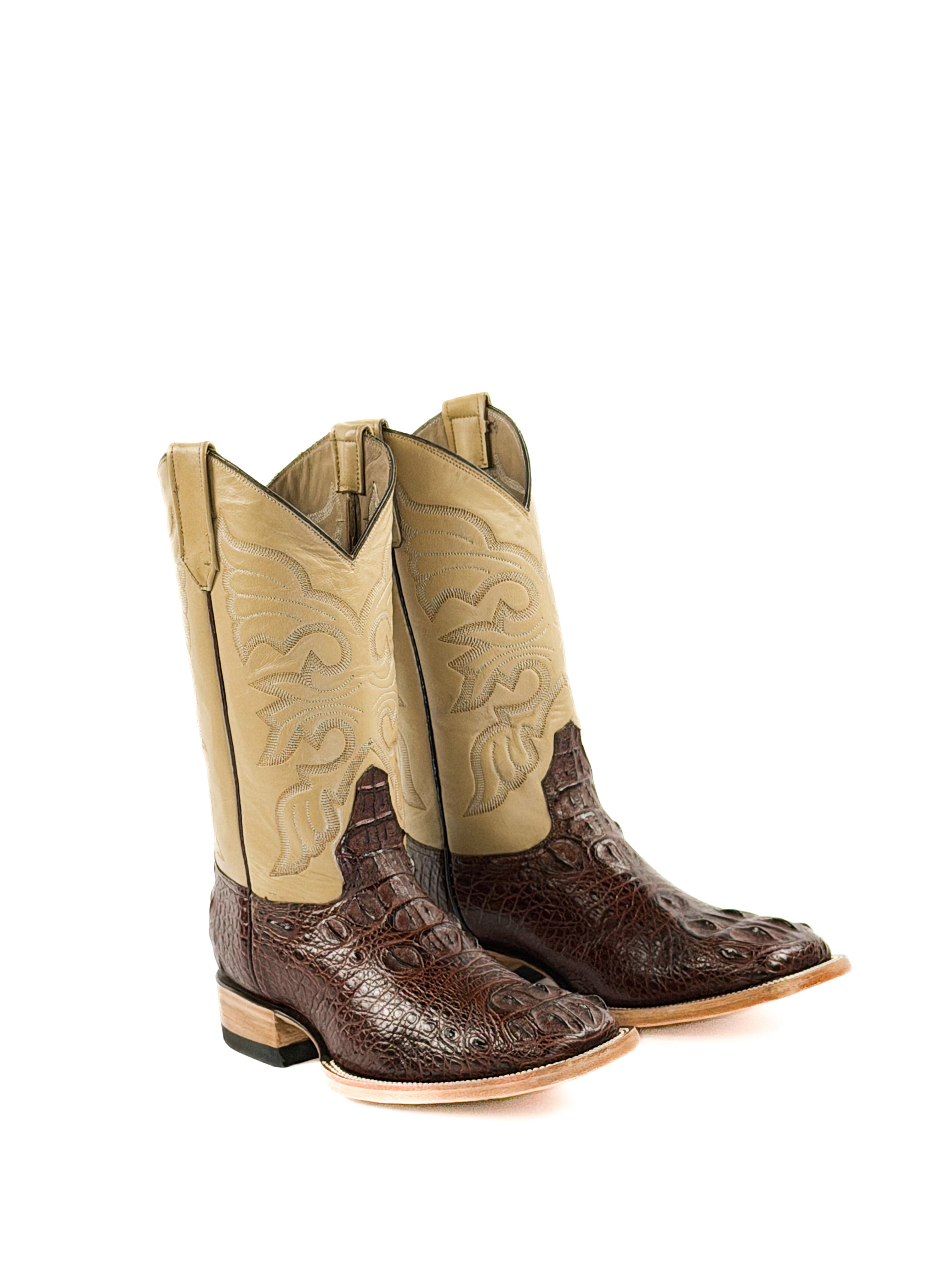 Pair of tan and brown square toe crocodile boots
