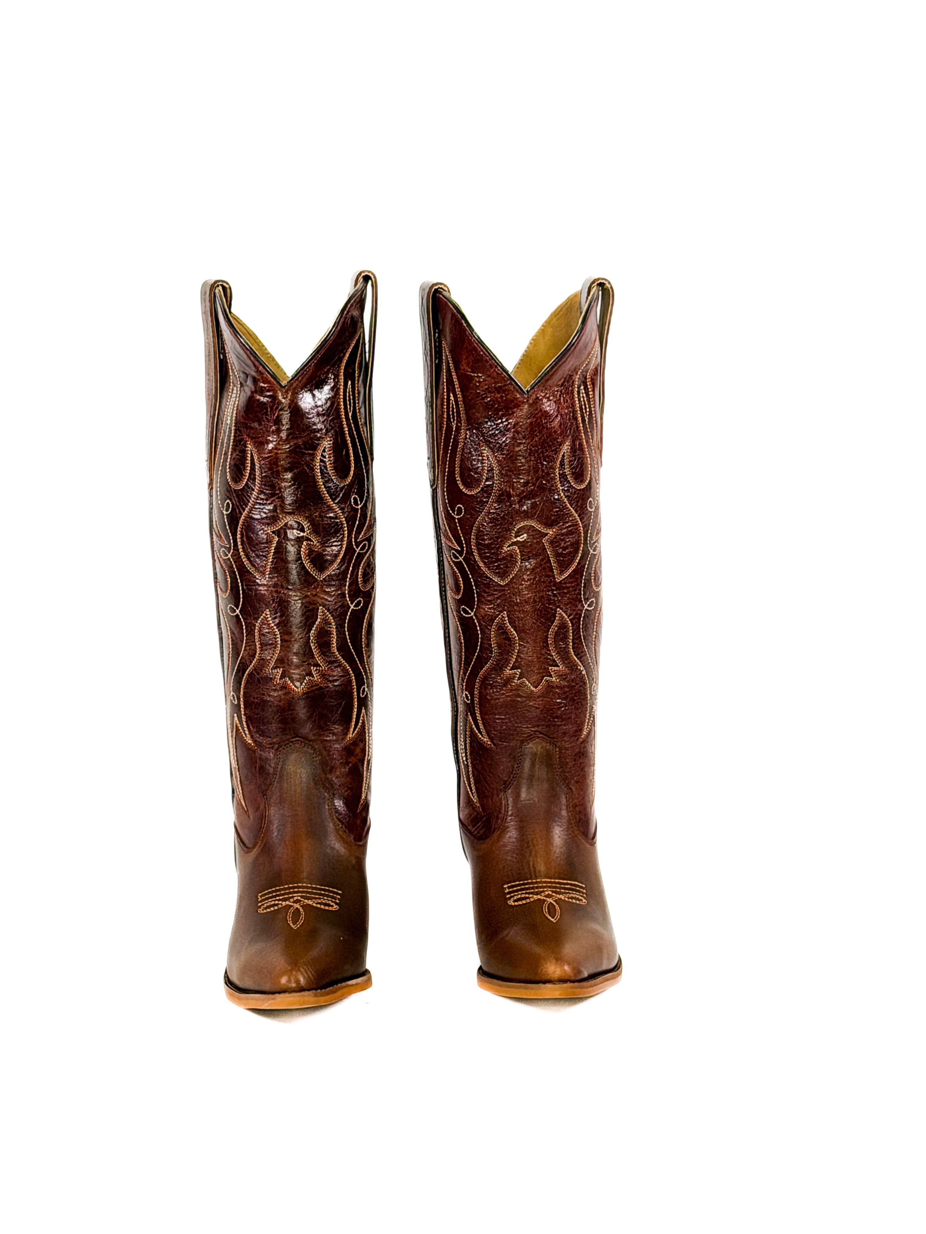 Brown red leather cowgirl boots