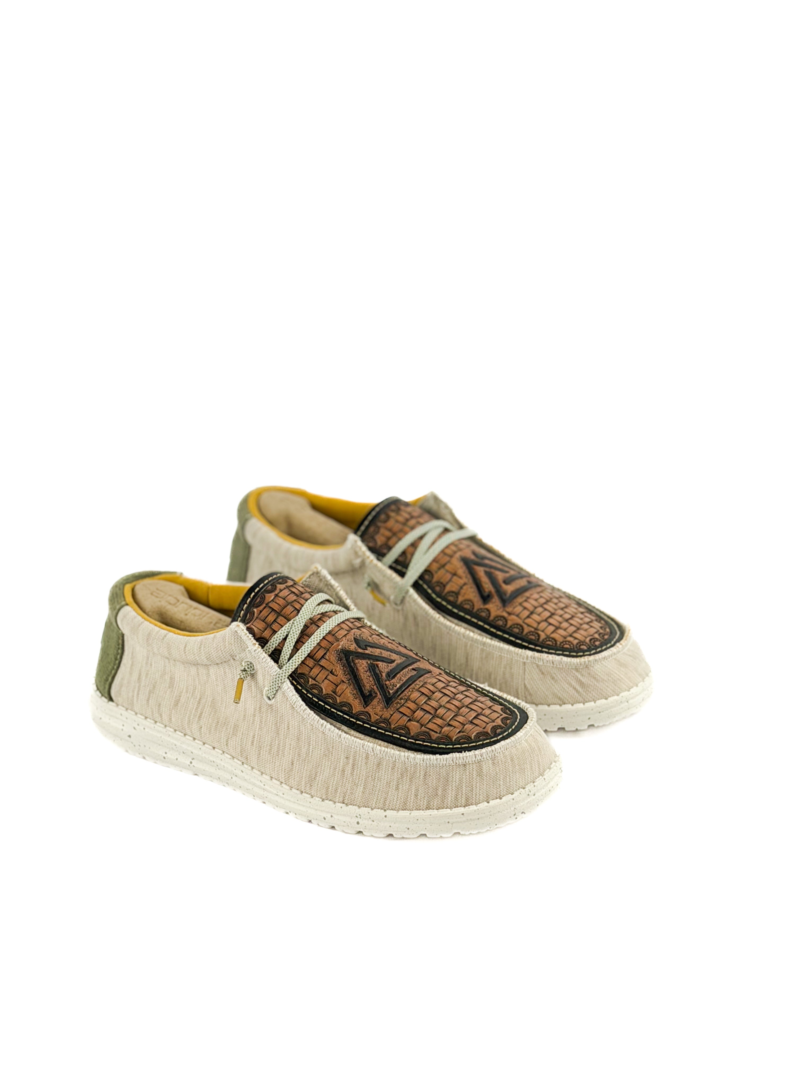 Grey hey Dudes with olive green and hand tooled piedreros logo