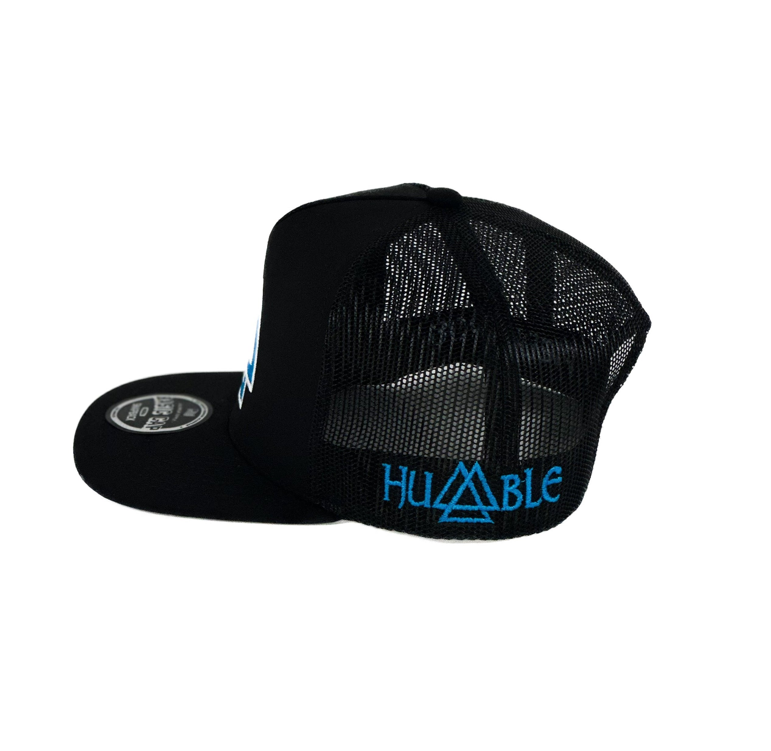 Black cap with blue white cuadra piedreros triangle logo