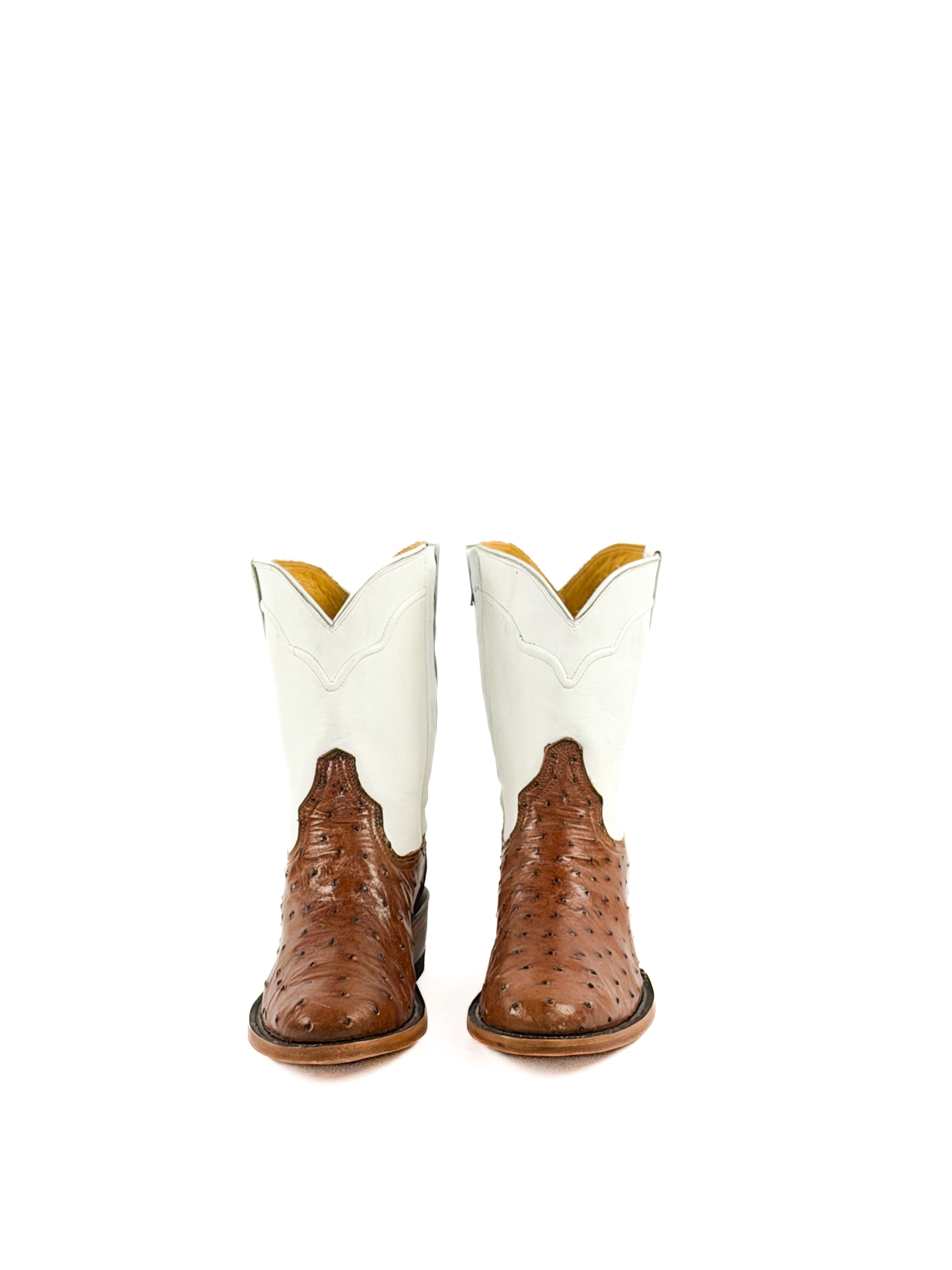 Brown round toe ostrich boots with a white upper shaft