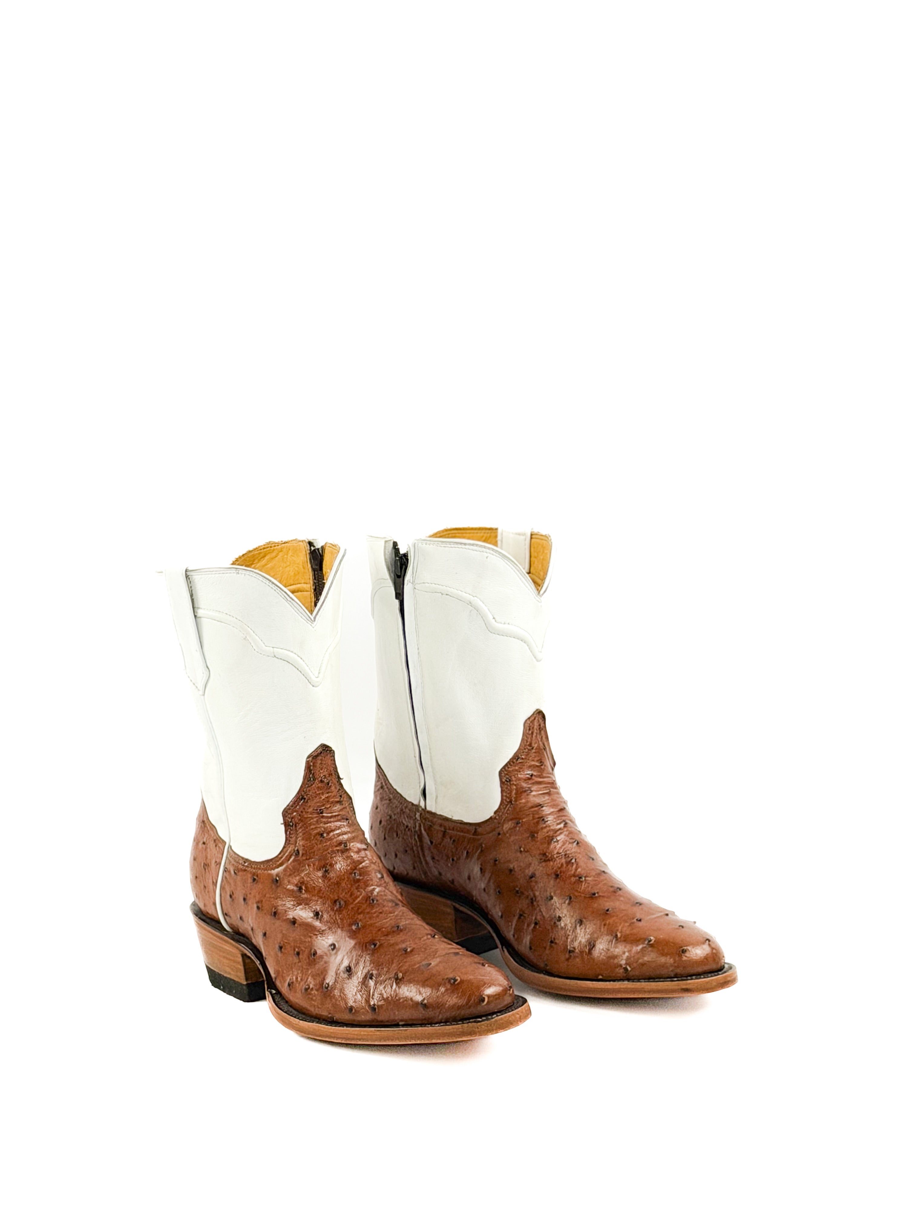 Brown round toe ostrich boots with a white upper shaft