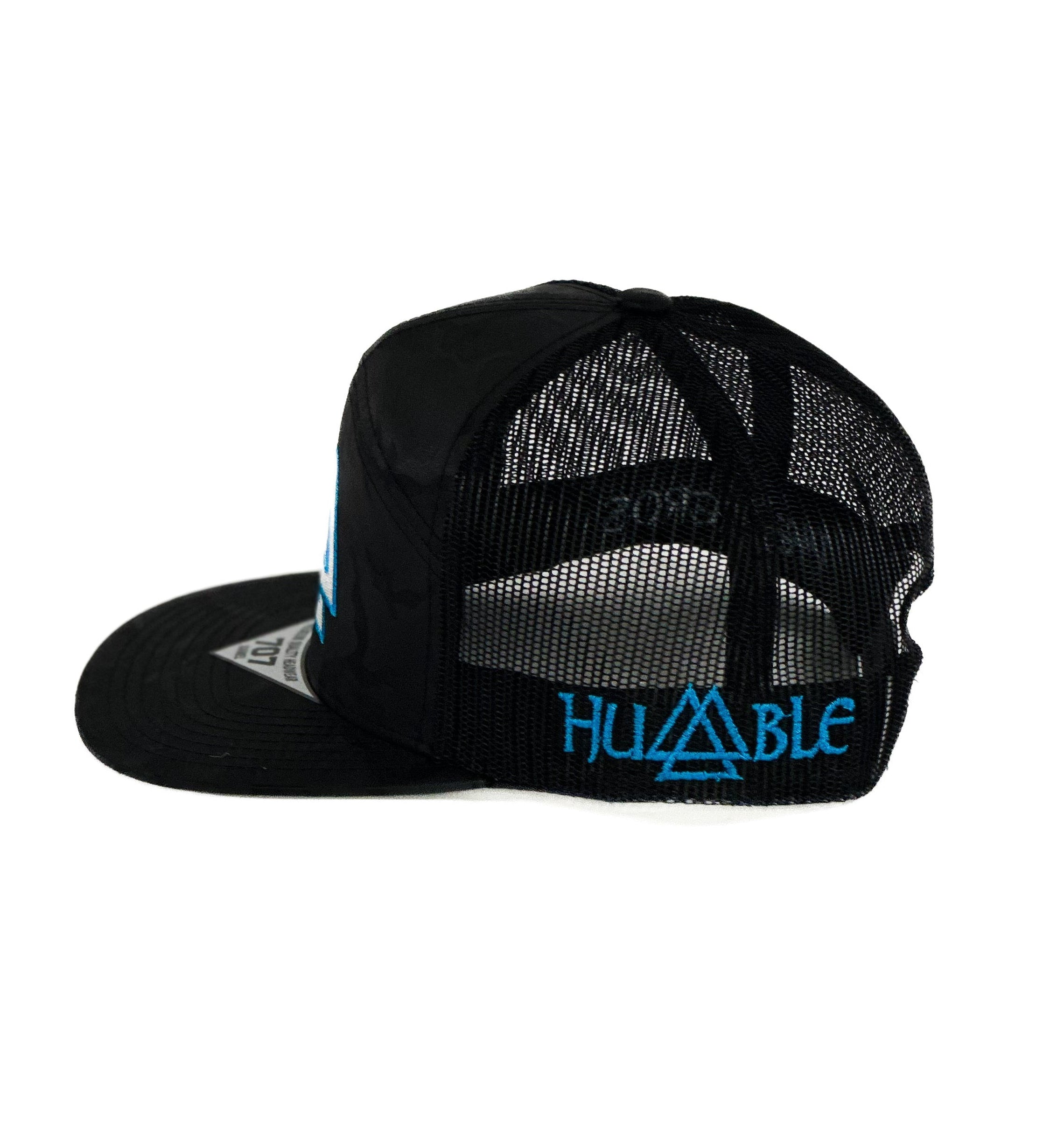 Black mesh Cap with black Camo and white with blue triangle cuadra piedreros logo