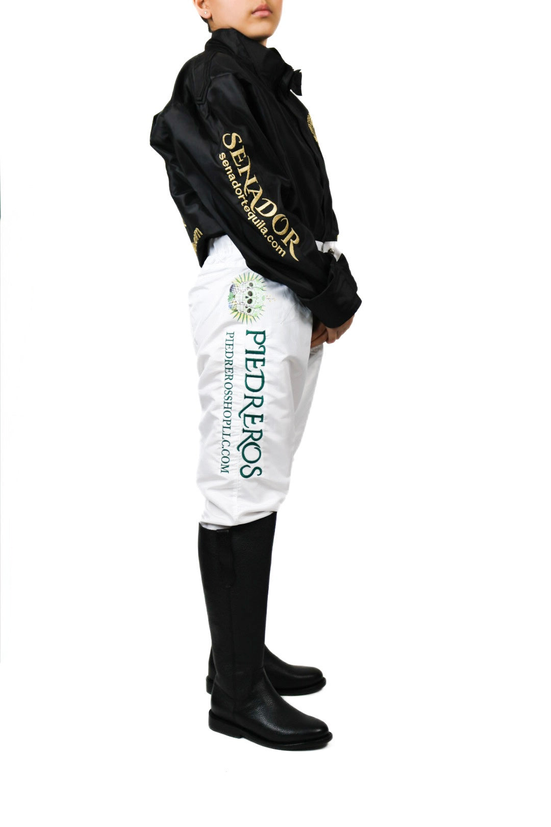 Piedreros white and green triple skull jockey pants