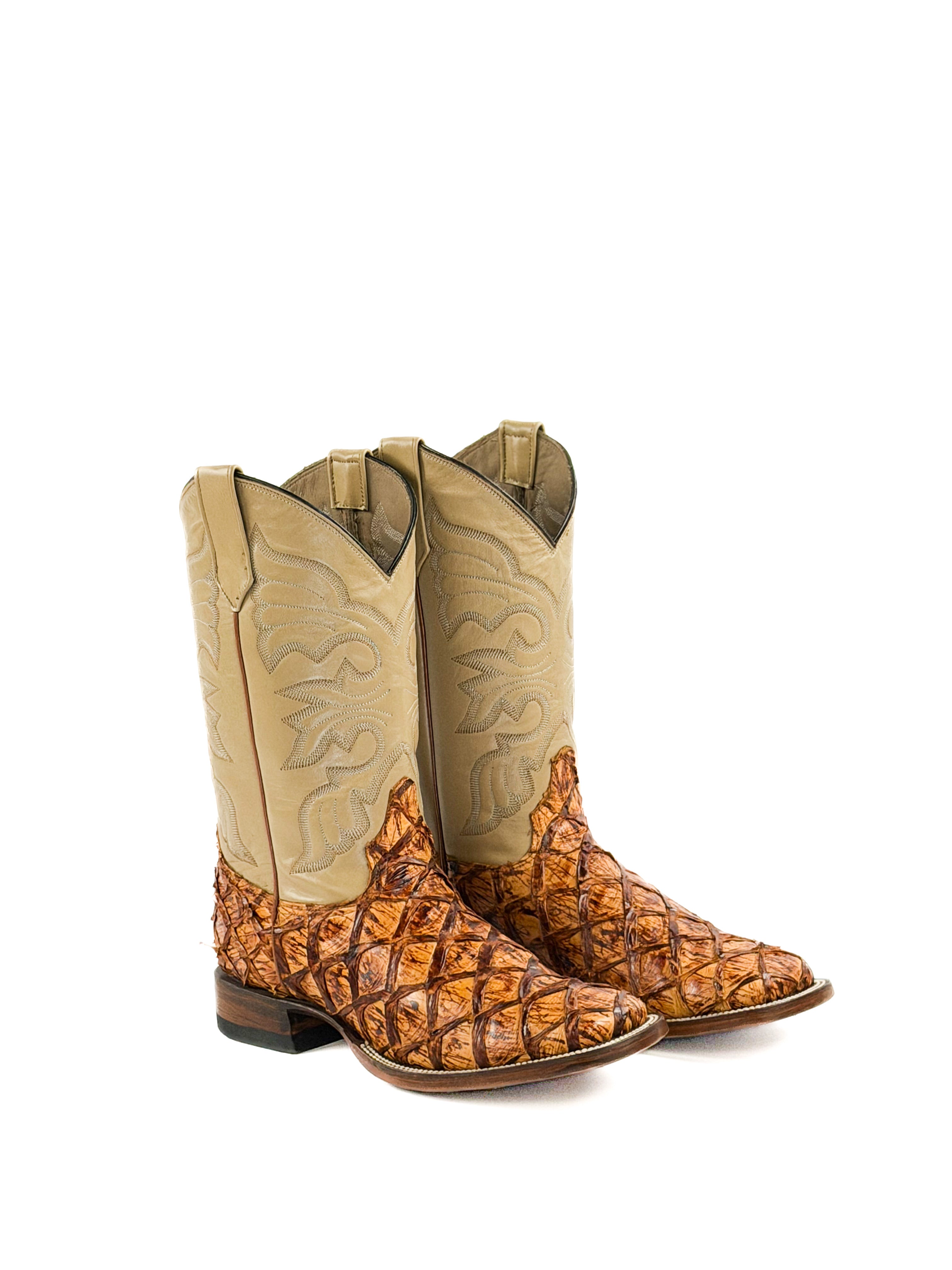 Pair of orange and brown cowboy fish boots with a ditched upper shaft