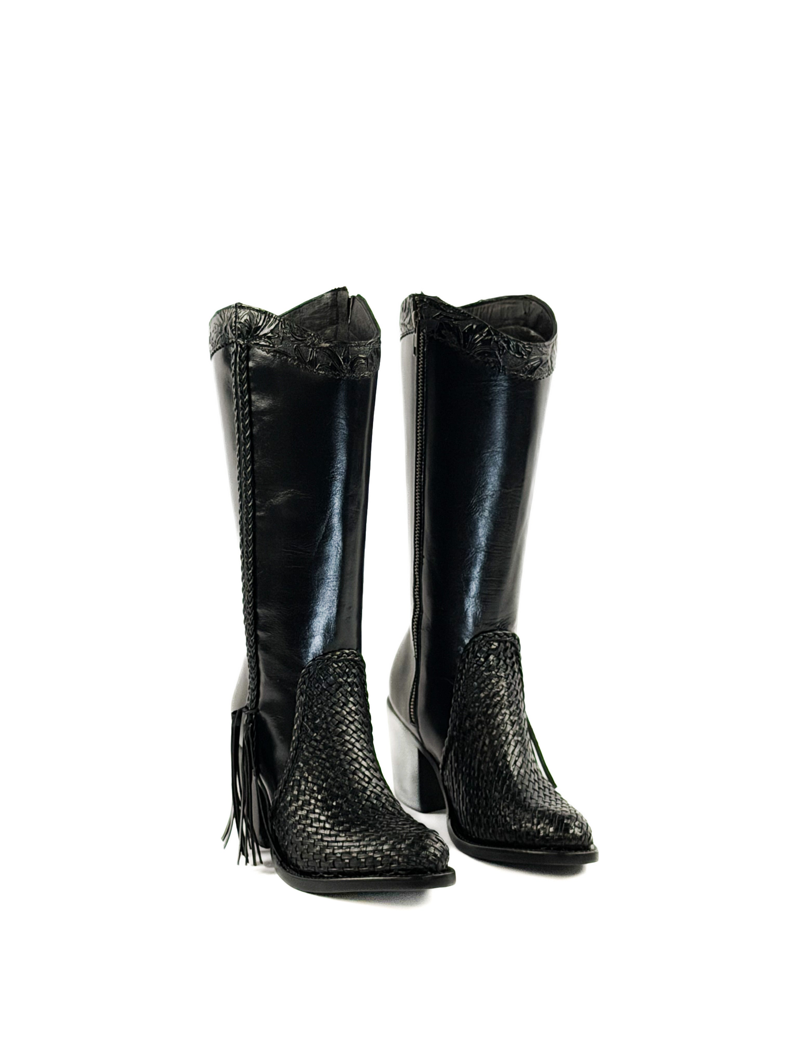 Pair of black mid calf leather boots with round toe knitted design