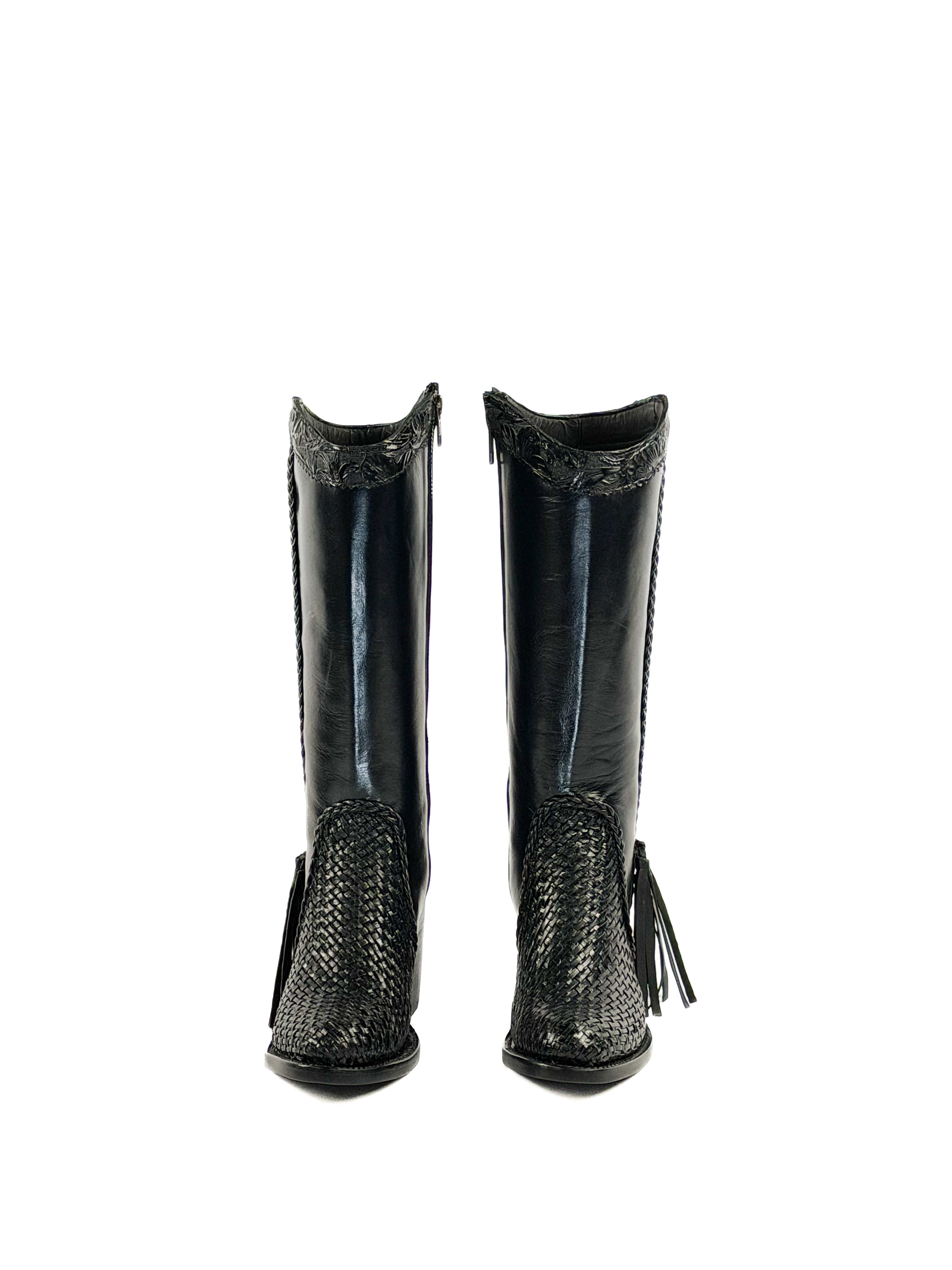Pair of black mid calf leather boots with round toe knitted design