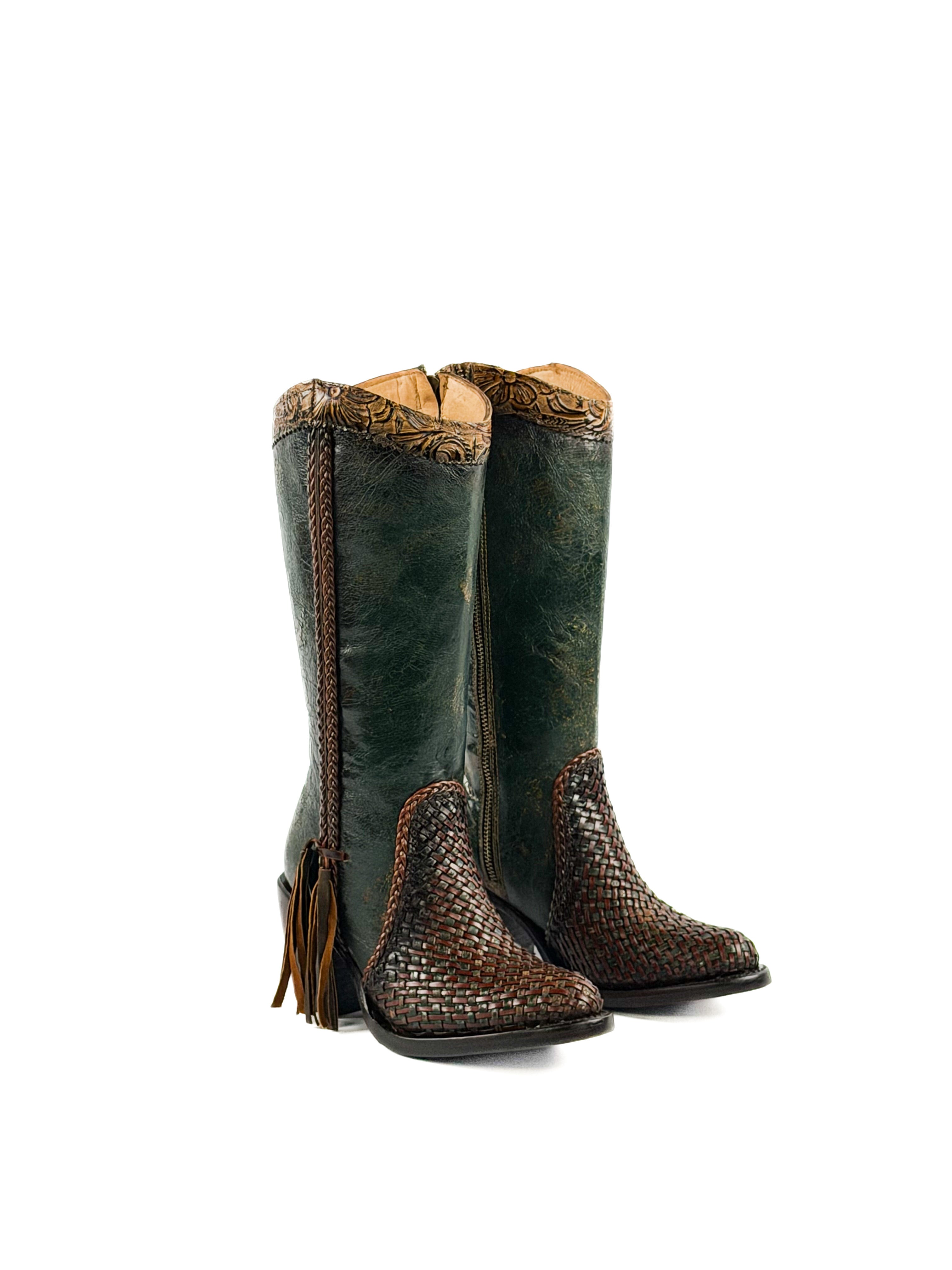 Pair of green leather boots with brown decorative elements and a 3 inch heel