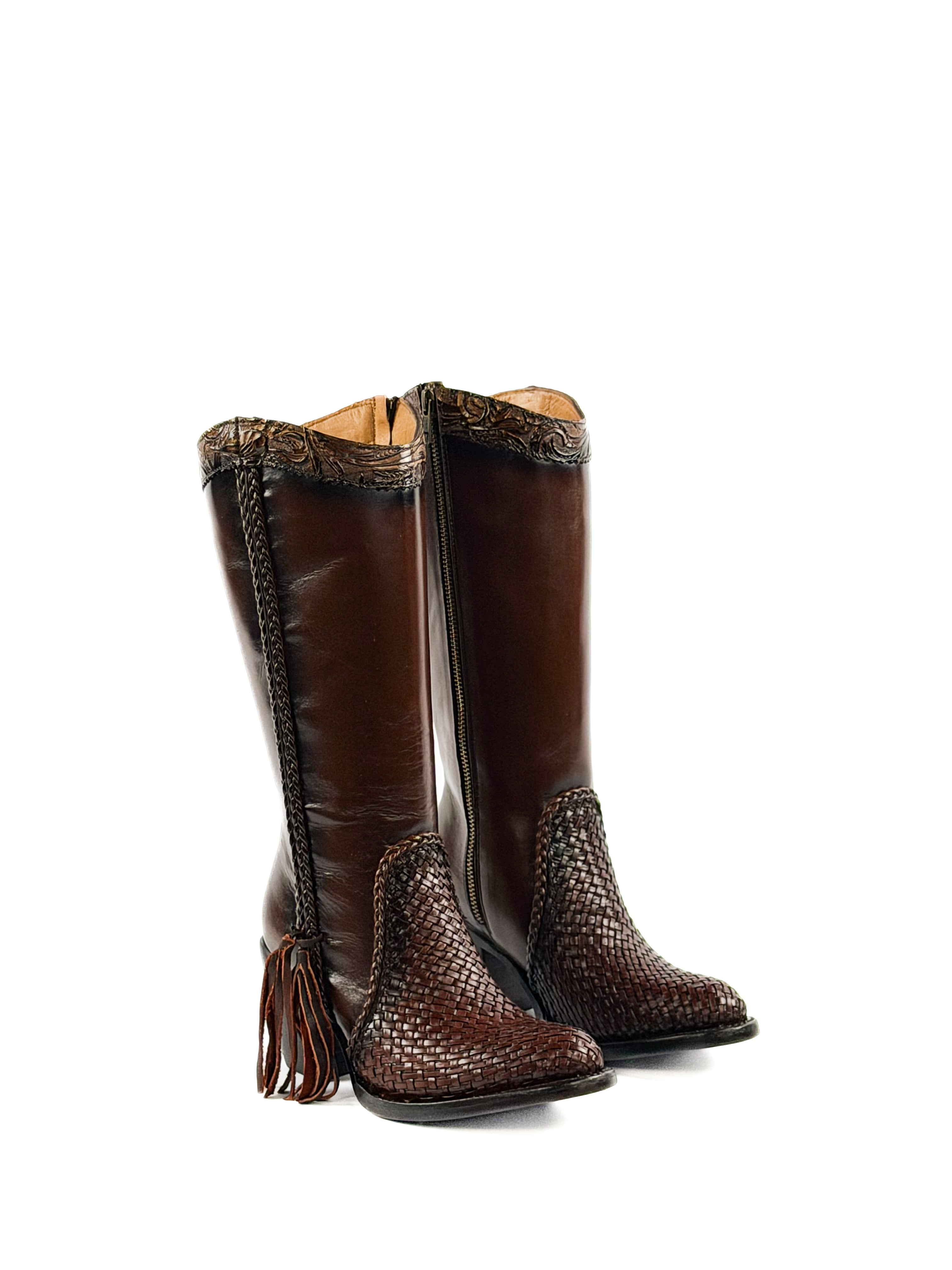 Pair of Brown Sleek leather boots with brown knitted leather elements and a 3 inch heel
