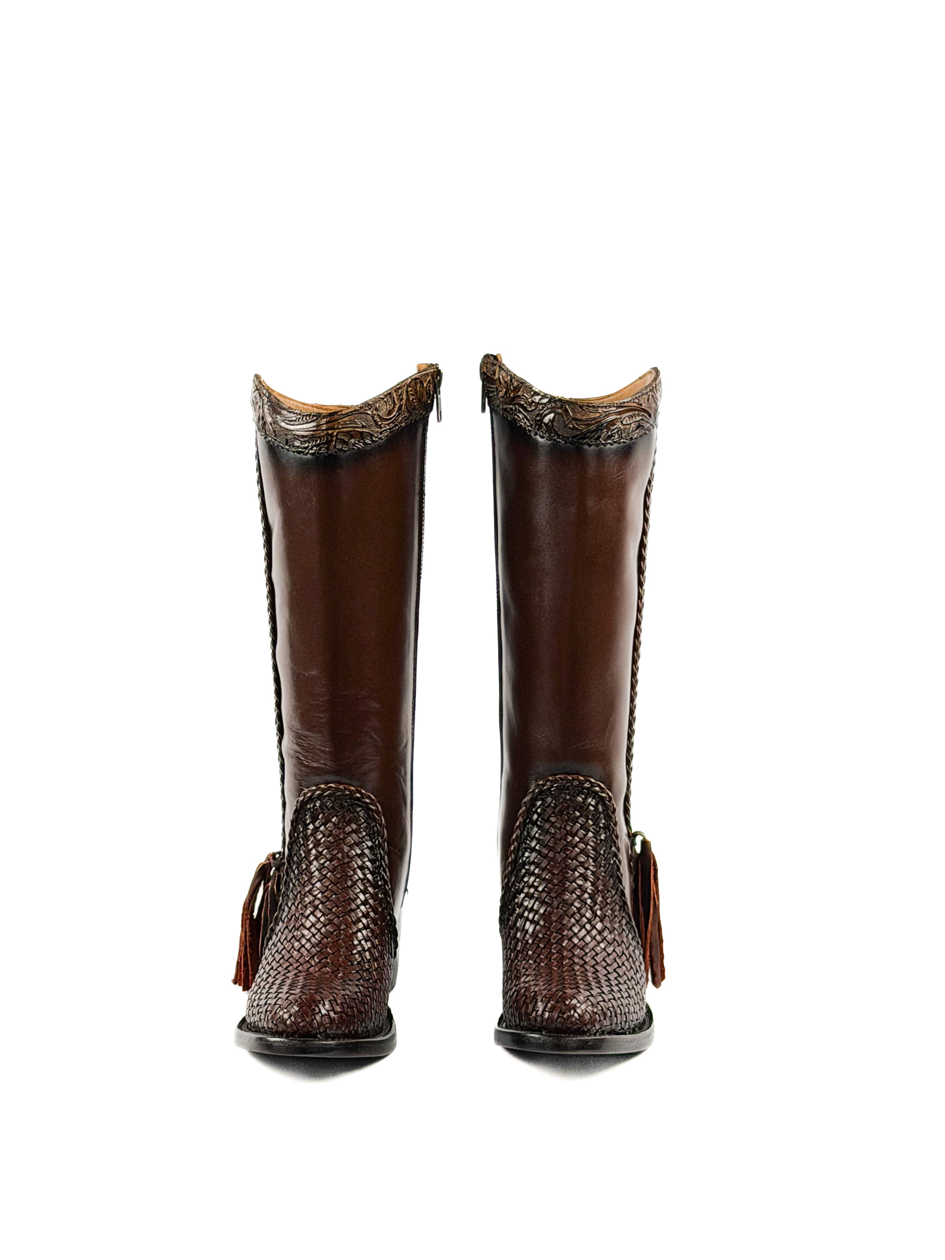 Pair of Brown Sleek leather boots with brown knitted leather elements and a 3 inch heel