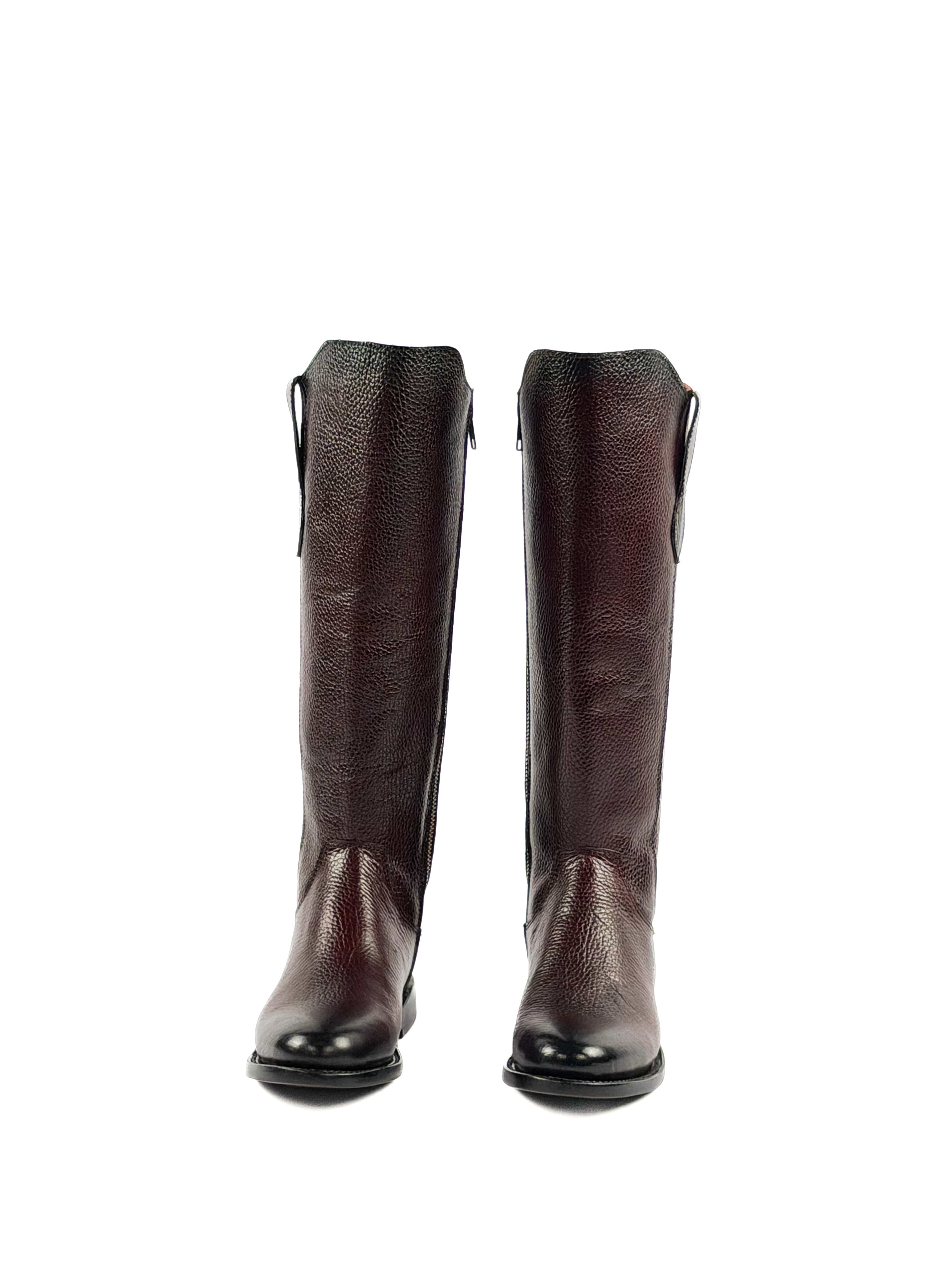 Pair of cherry round toe below the knee boots, low shaft, riding boots