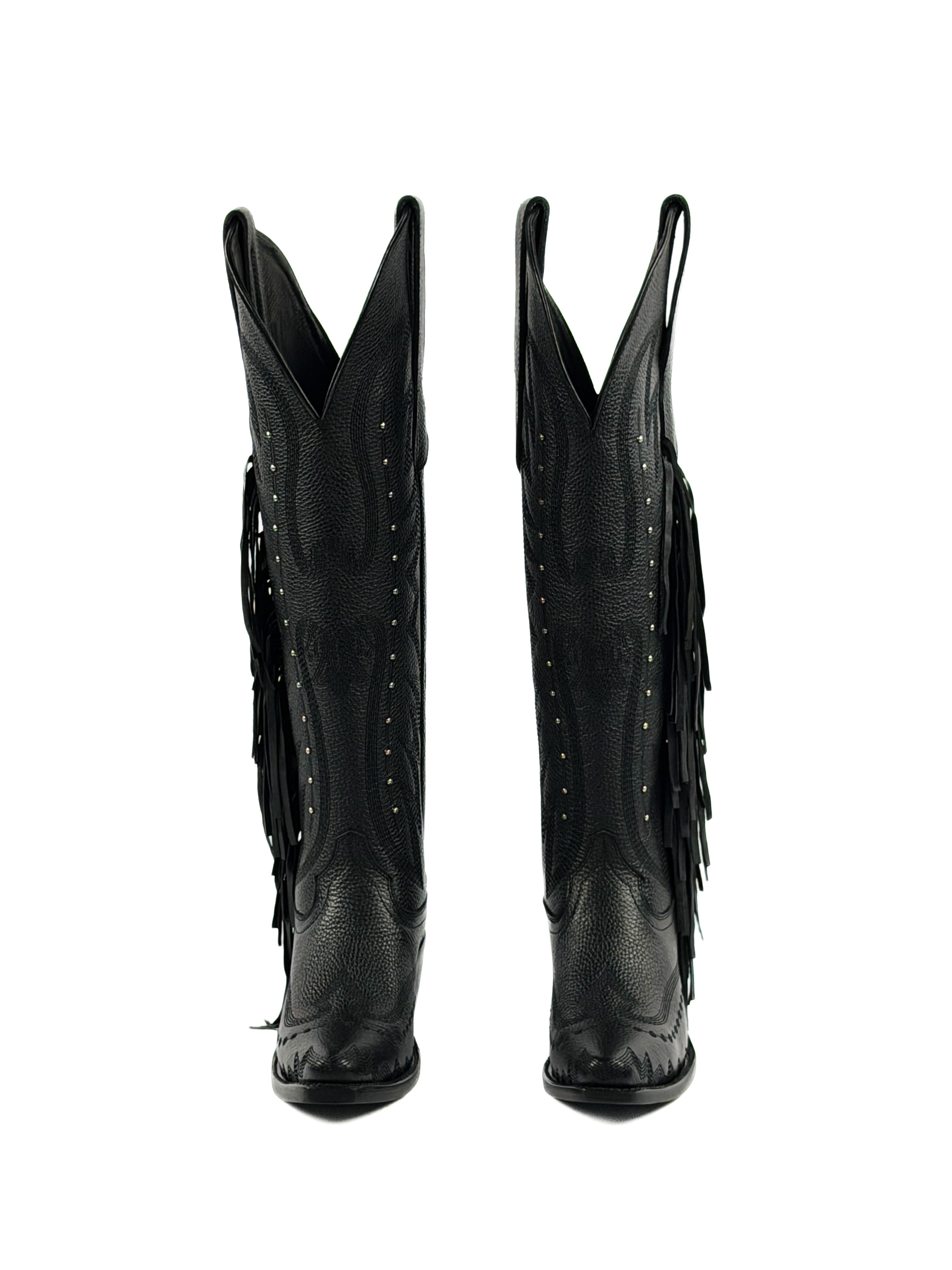 Pair of black snip toe cowgirl boots with fringes, silver studs, and 2 inch heel