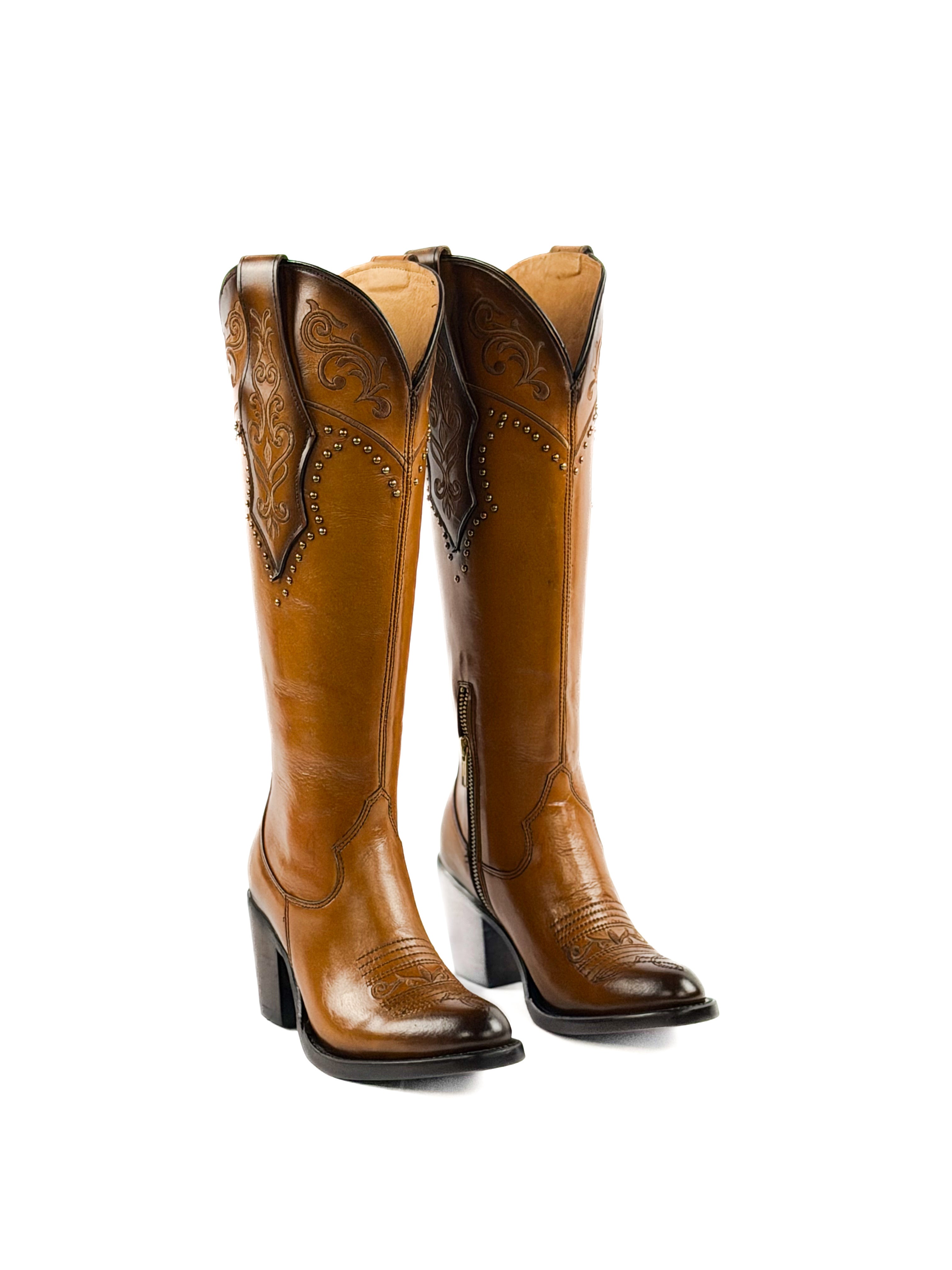 Tan honey women's boots with gold studded and intricate design on the shaft & 3inch heel
