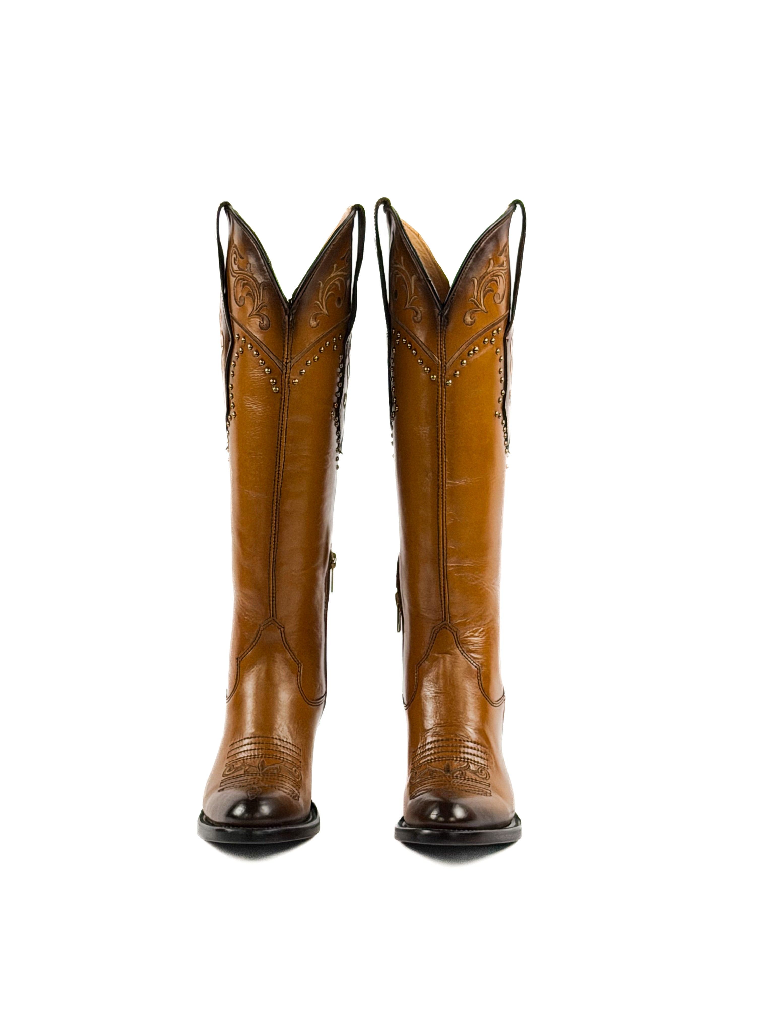 Tan honey women's boots with gold studded and intricate design on the shaft & 3inch heel
