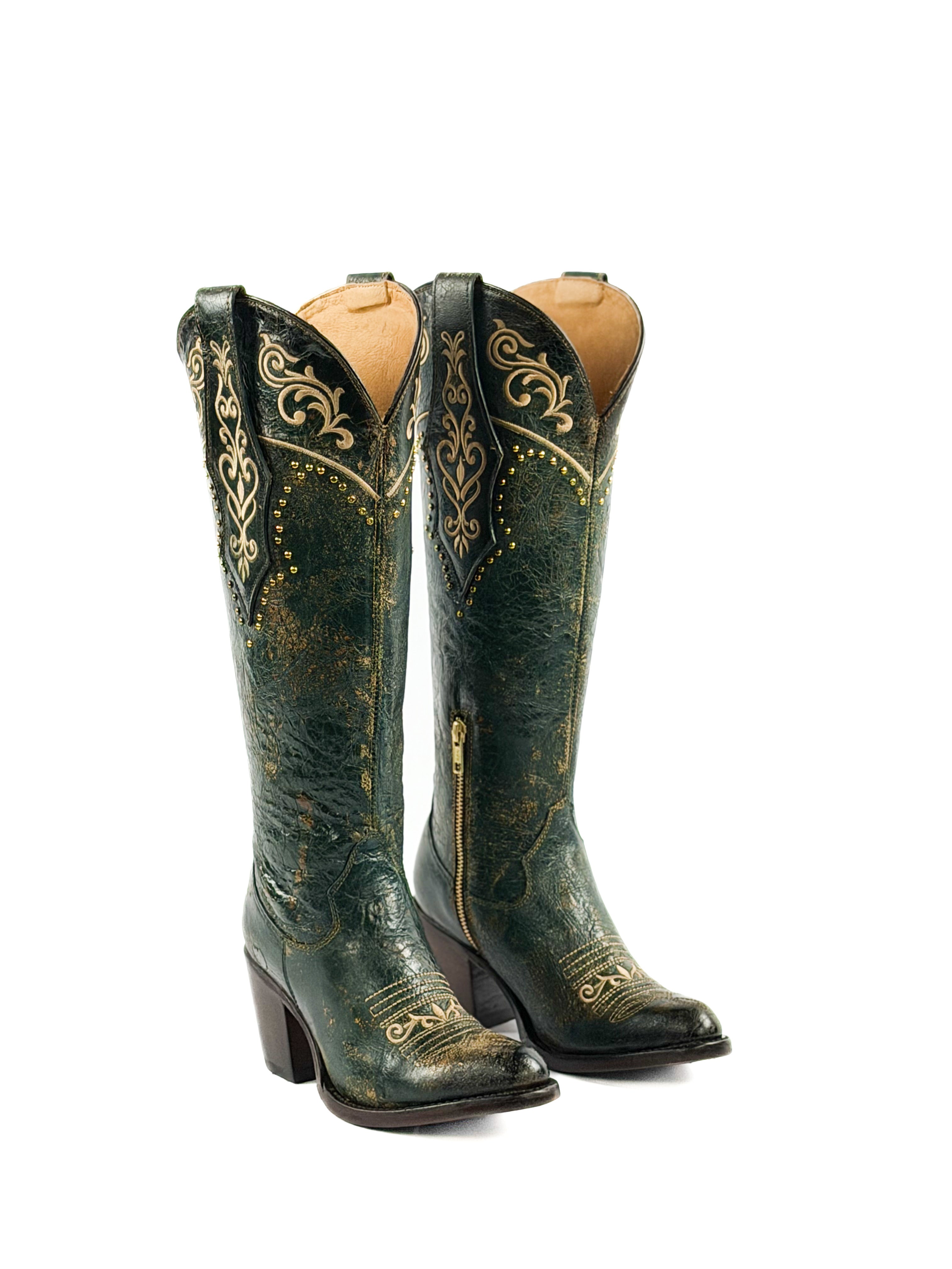 Green women's boots with gold studded and intricate design on the shaft & 3inch heel