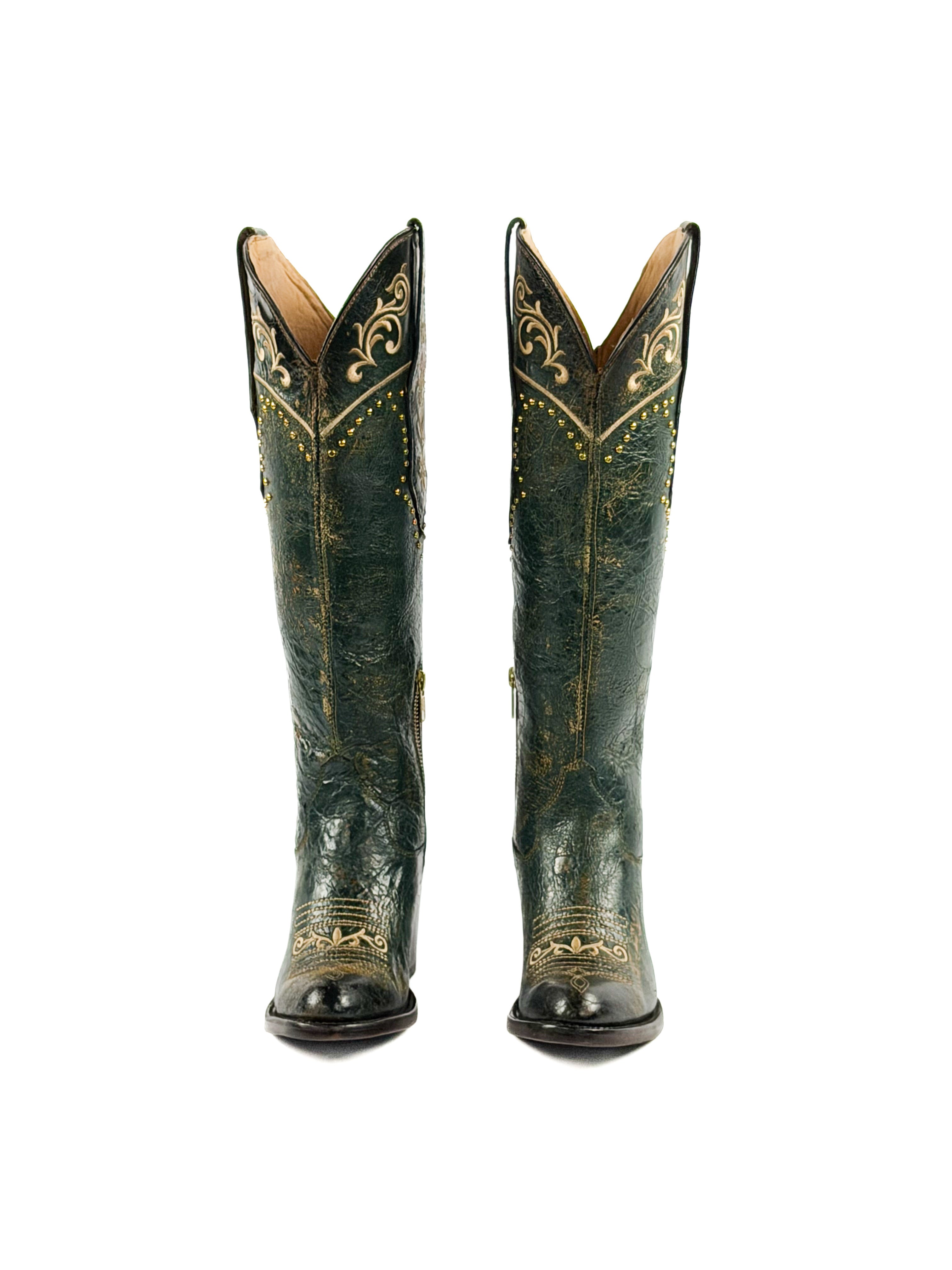 Green women's boots with gold studded and intricate design on the shaft & 3inch heel