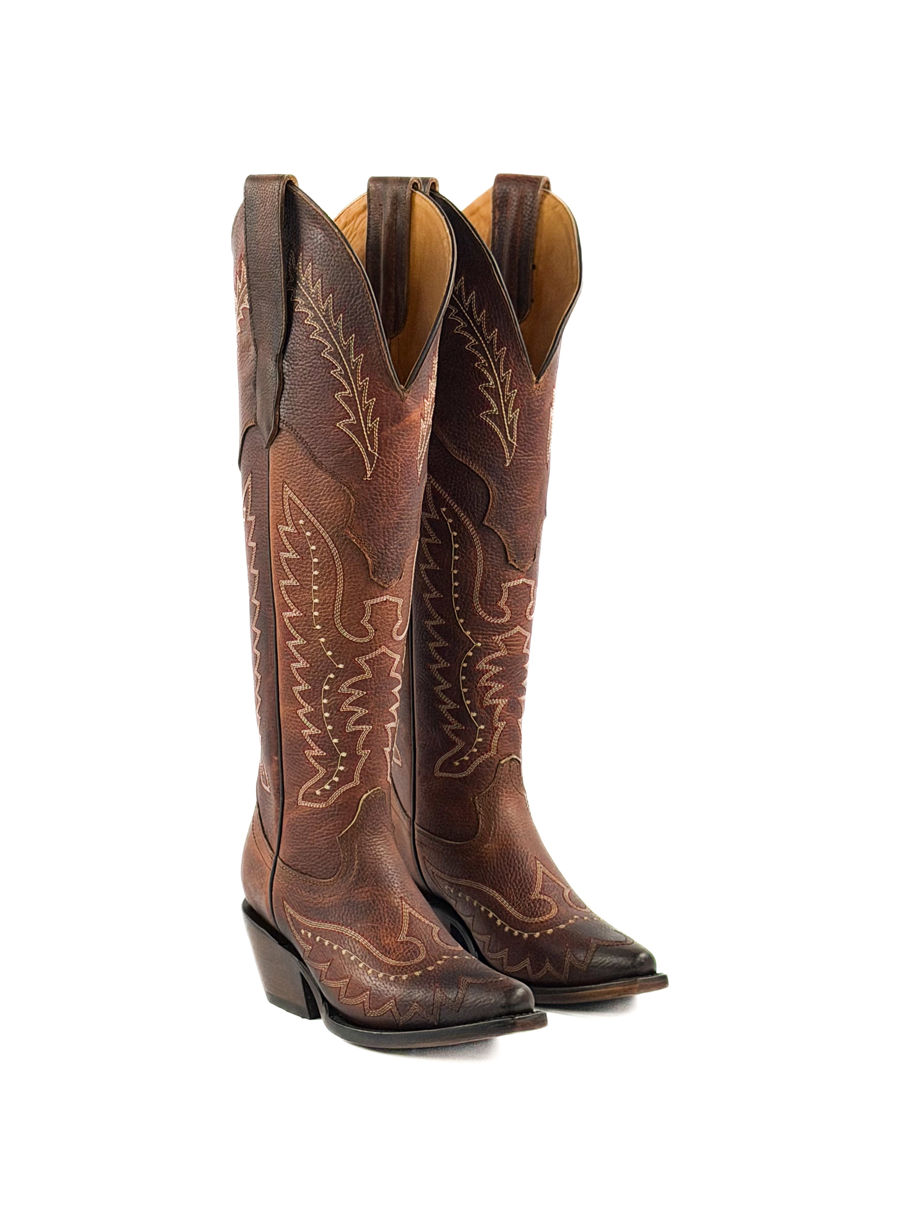 Pair of red brown knee-high cowgirl boots with intricate stitching designs and 2 inch heel