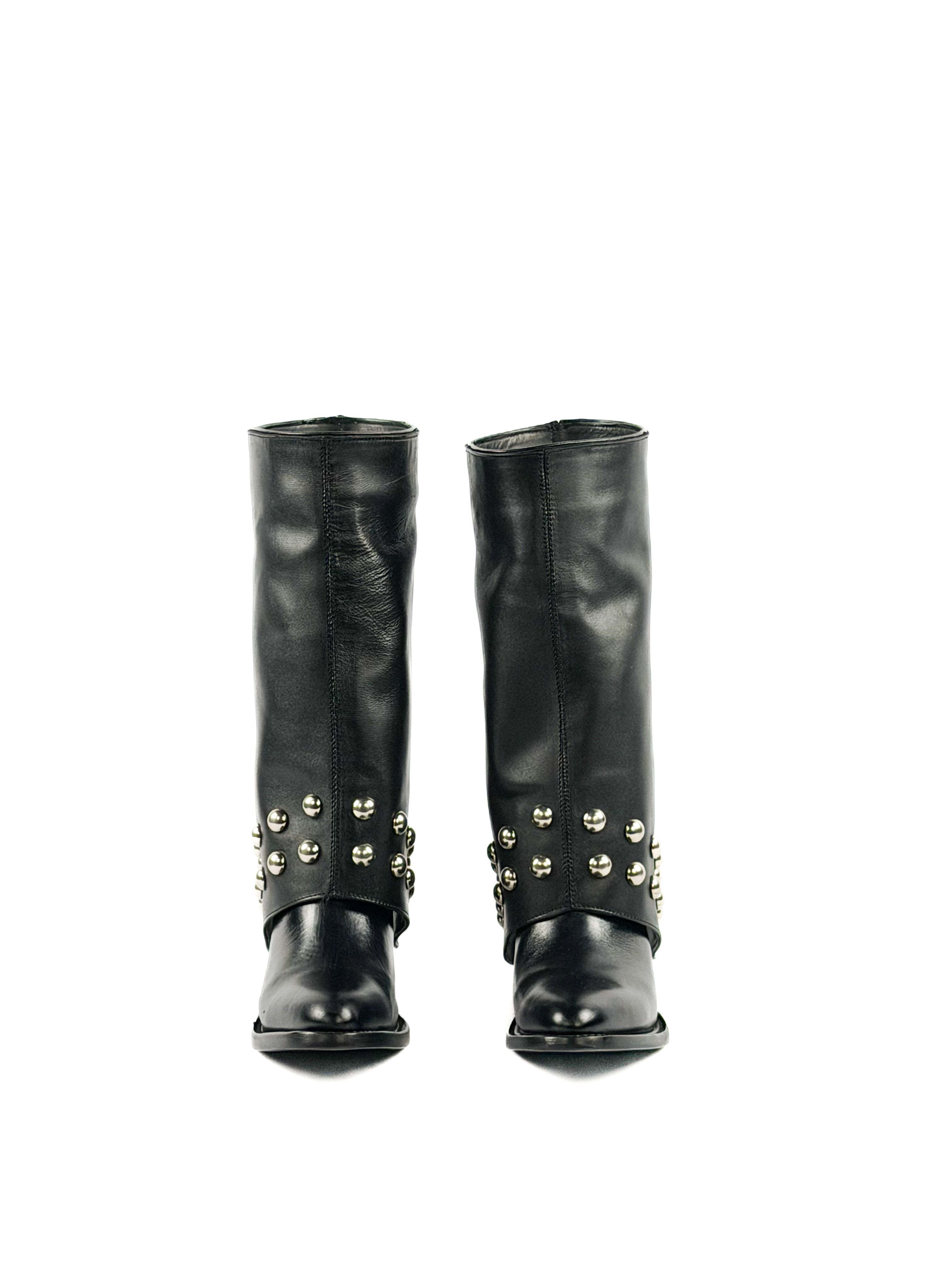 Black studded mid calf round toe boots