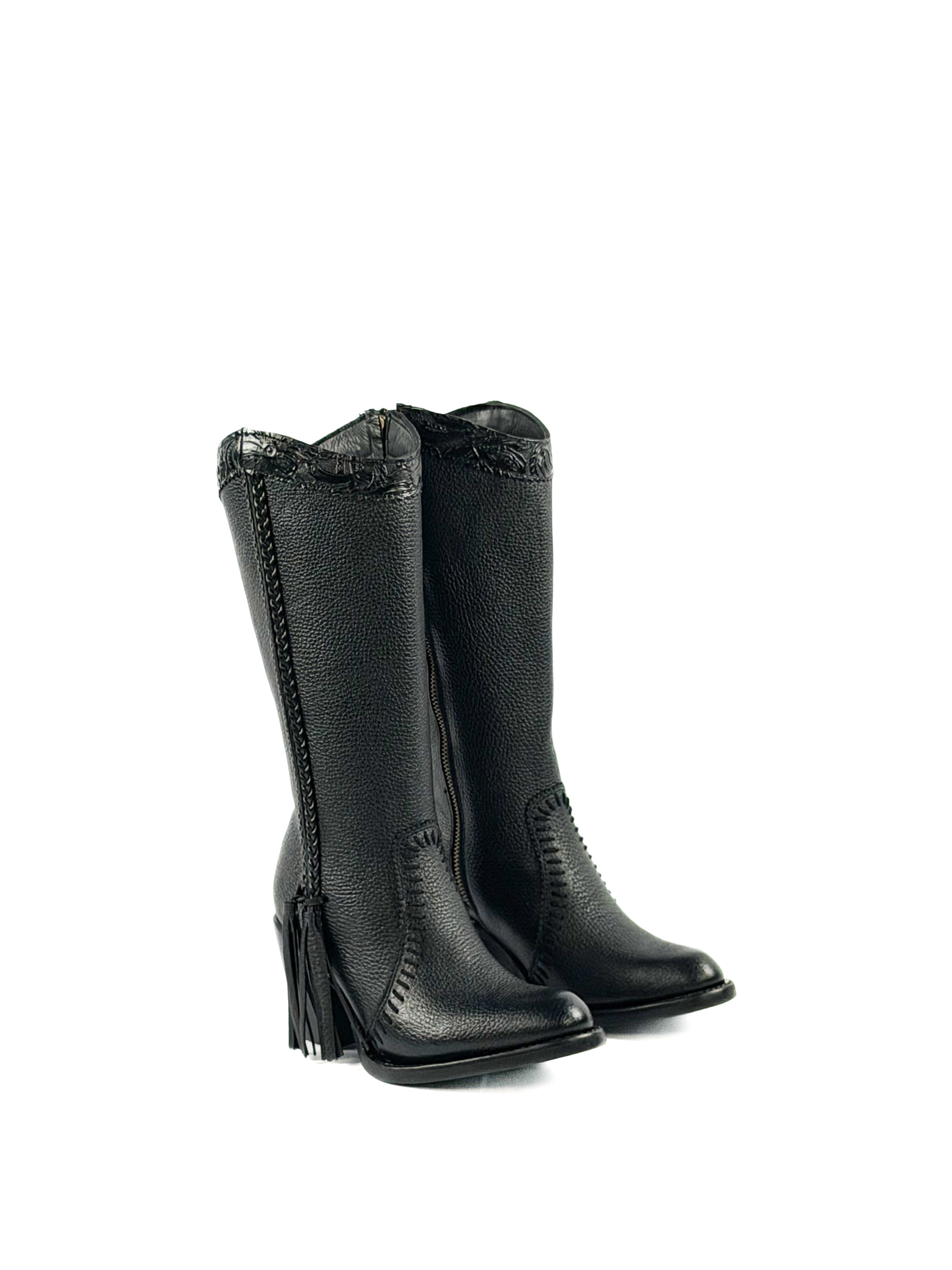 A pair of round toe black boots with a 3 inch heel and adorned elements on the shaft