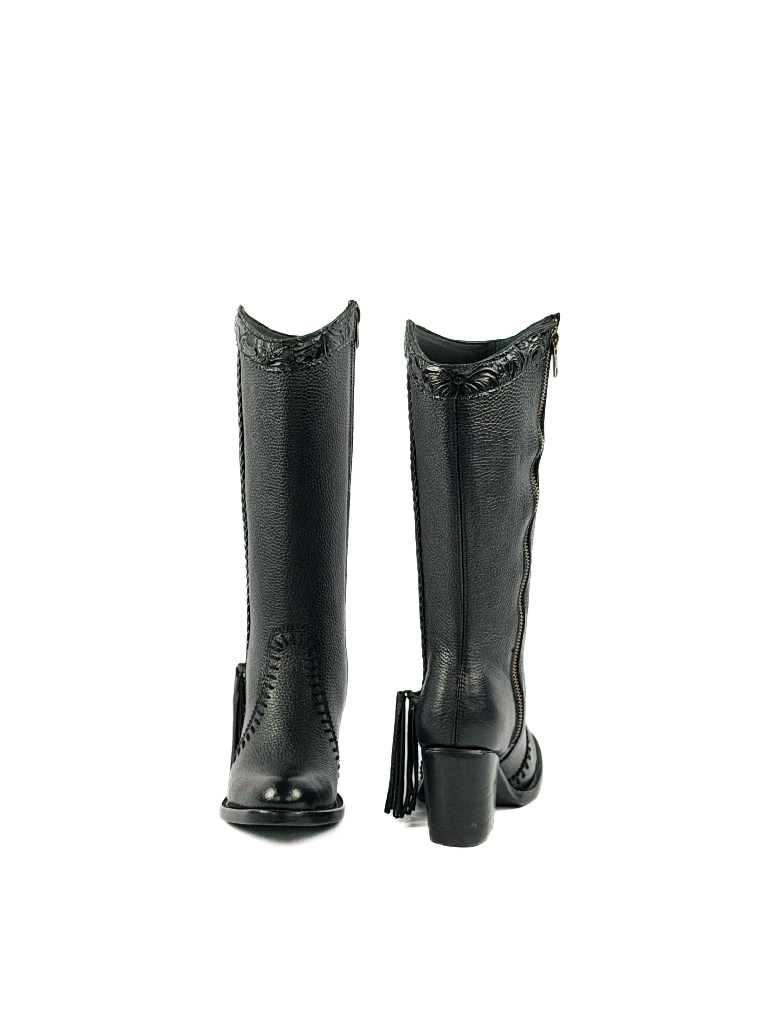 A pair of round toe black boots with a 3 inch heel and adorned elements on the shaft