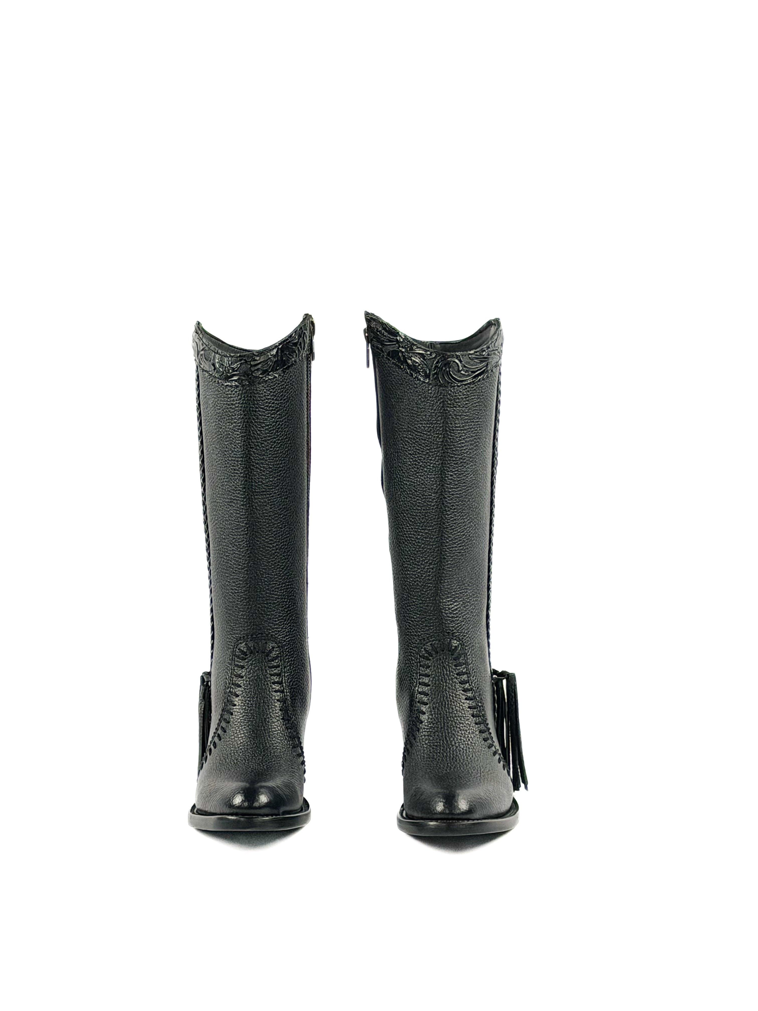 A pair of round toe black boots with a 3 inch heel and adorned elements on the shaft