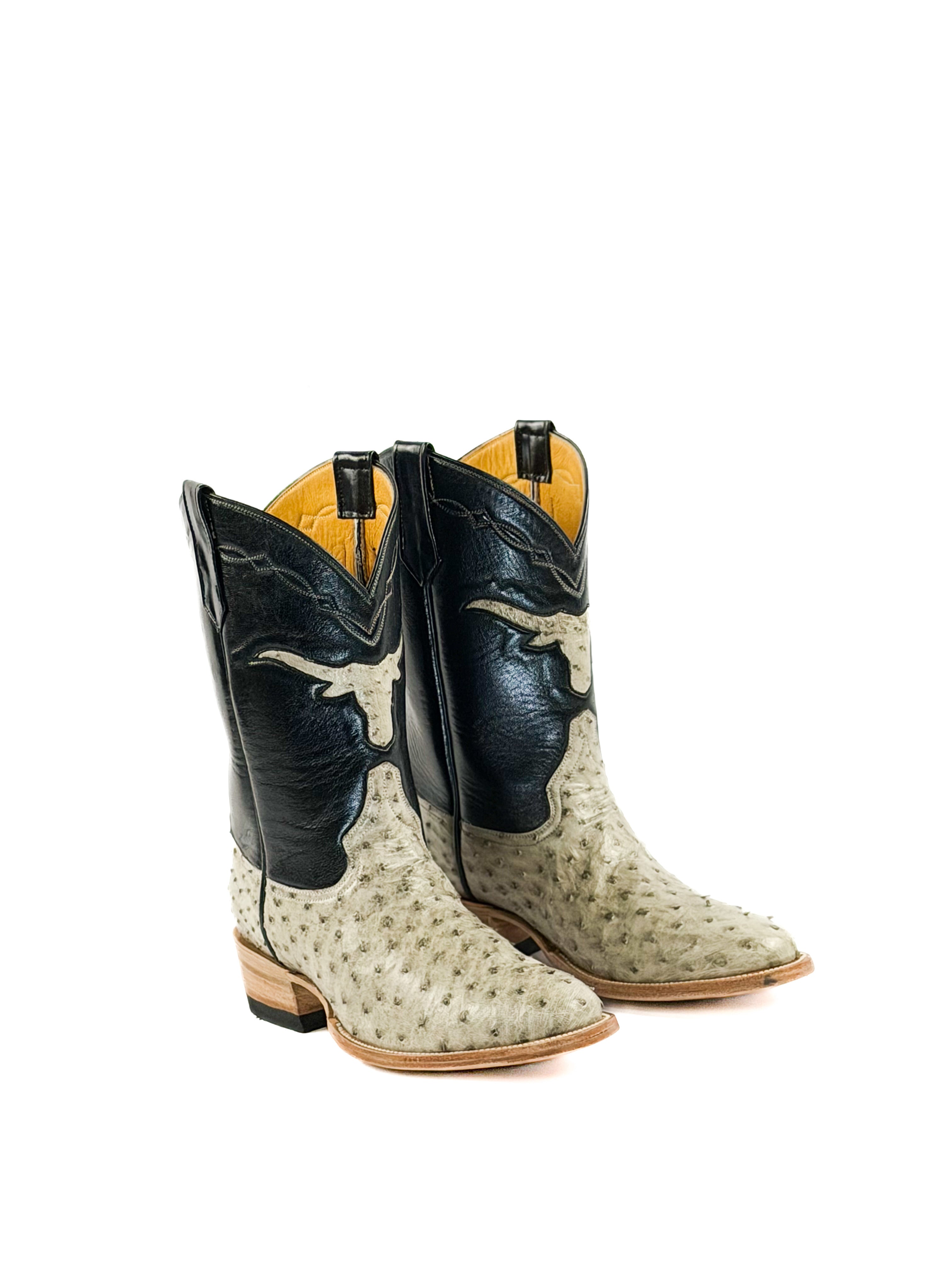 Pair of gray round toe boots with a black upper shaft and longhorn logo