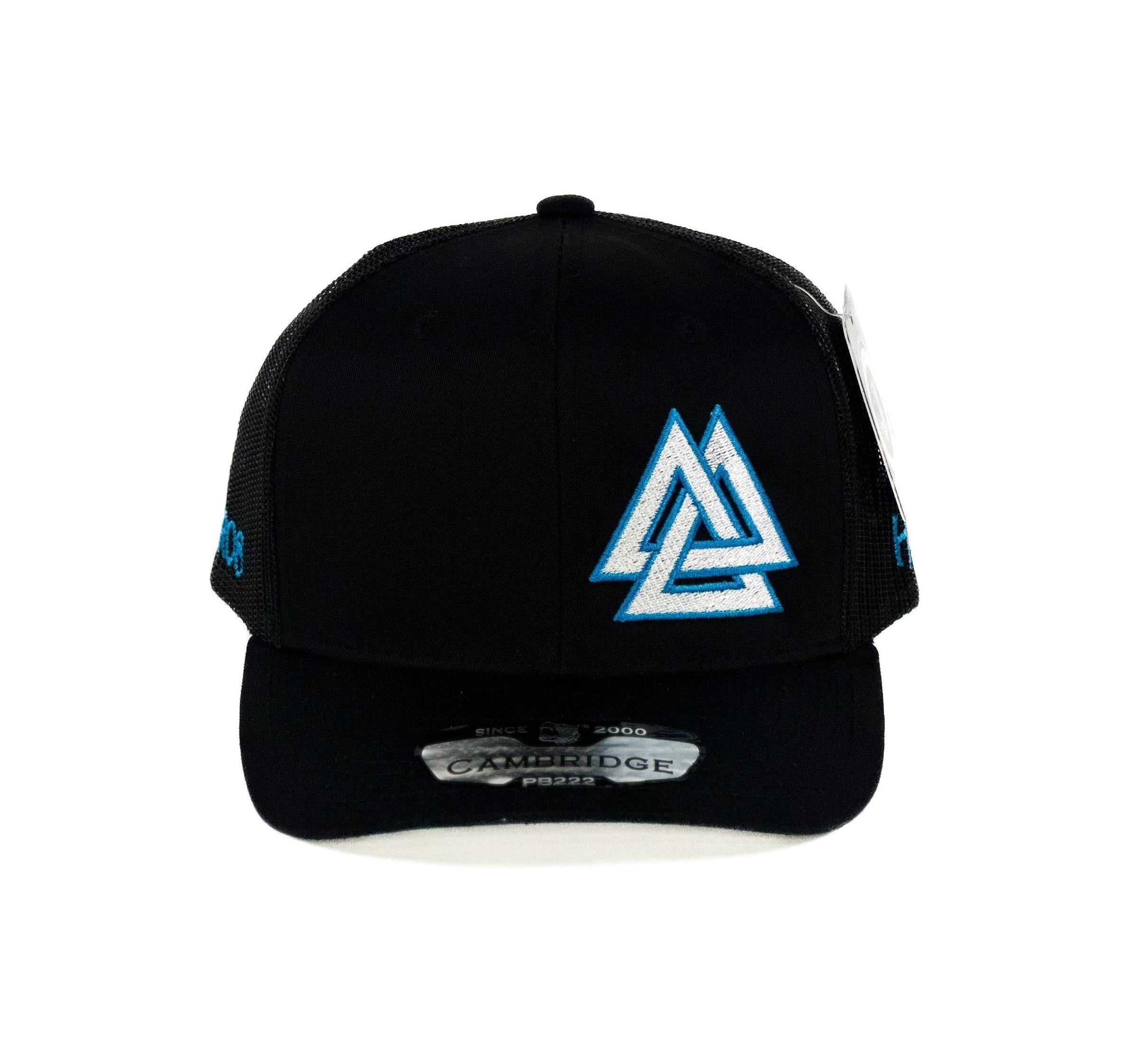 Black cap with a blue and white triangle cuadra piedreros logo