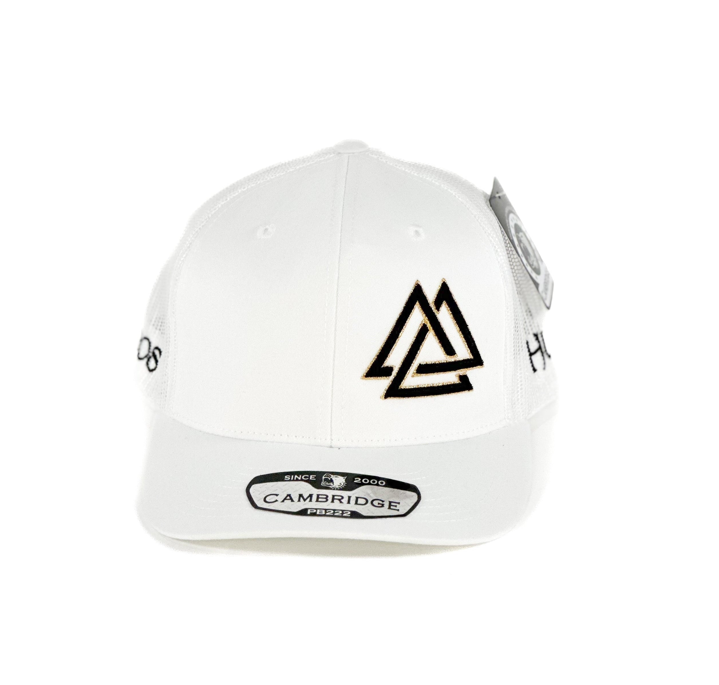 White trucker Cap with black and gold triangle cuadra piedreros logo