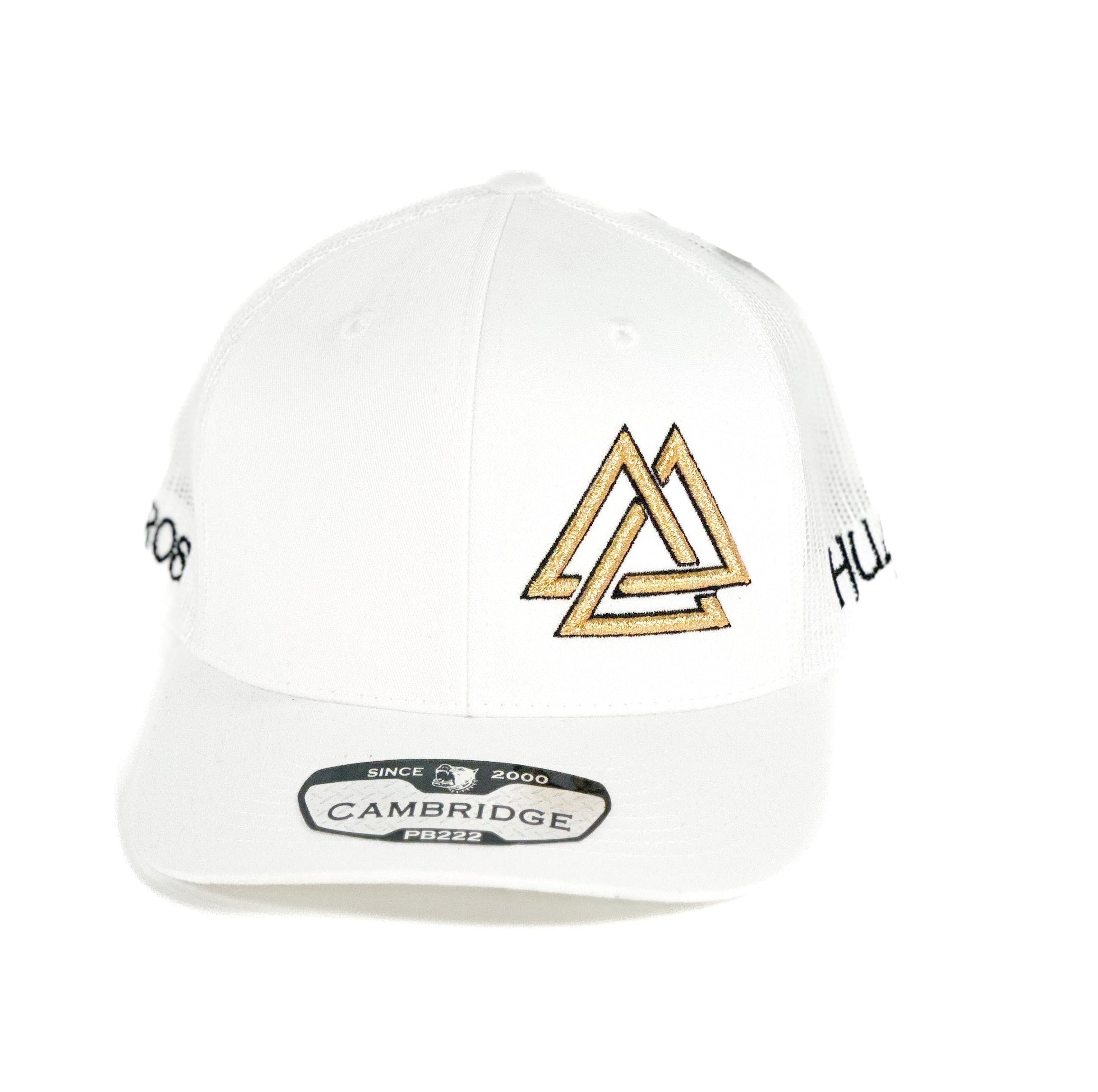 White trucker mesh Cap with cuadra piedreros gold triangle logo