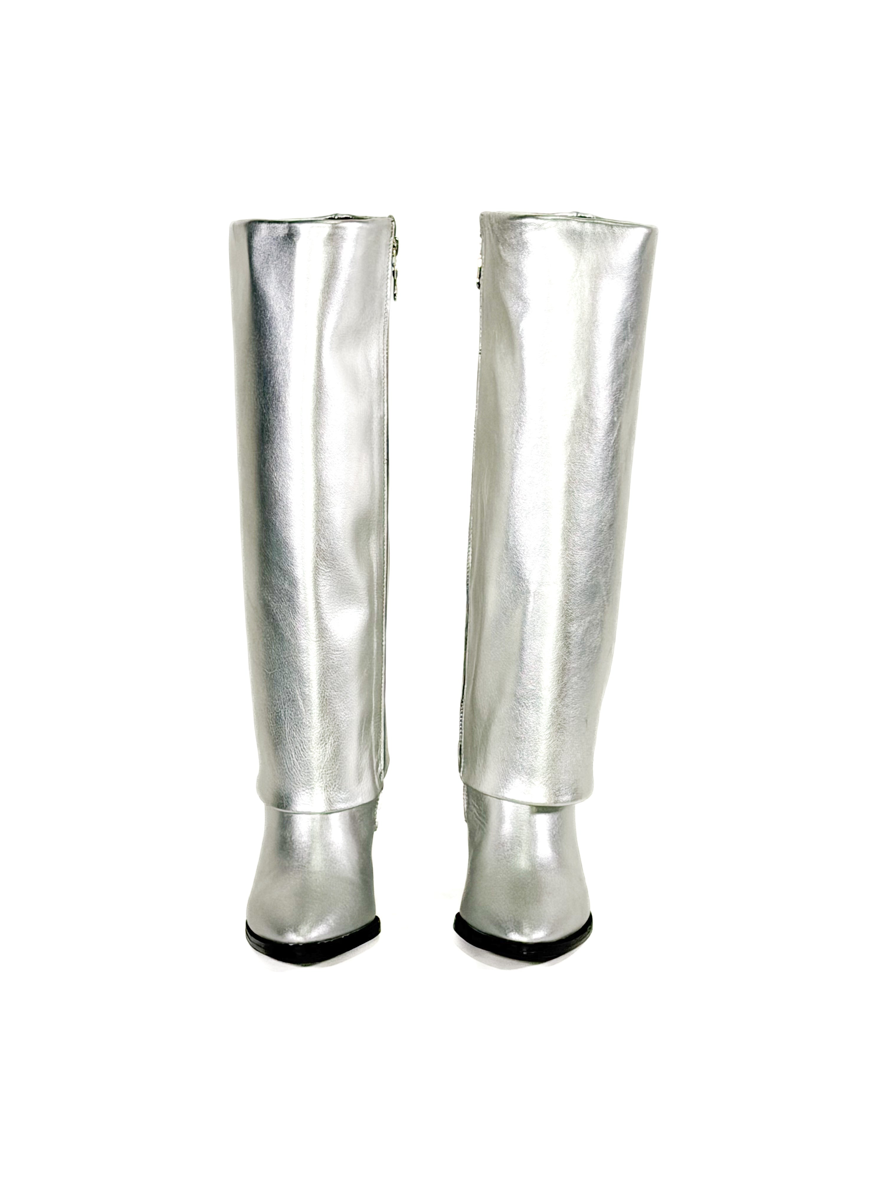 womens silver metallic leather zipper boots with block heel