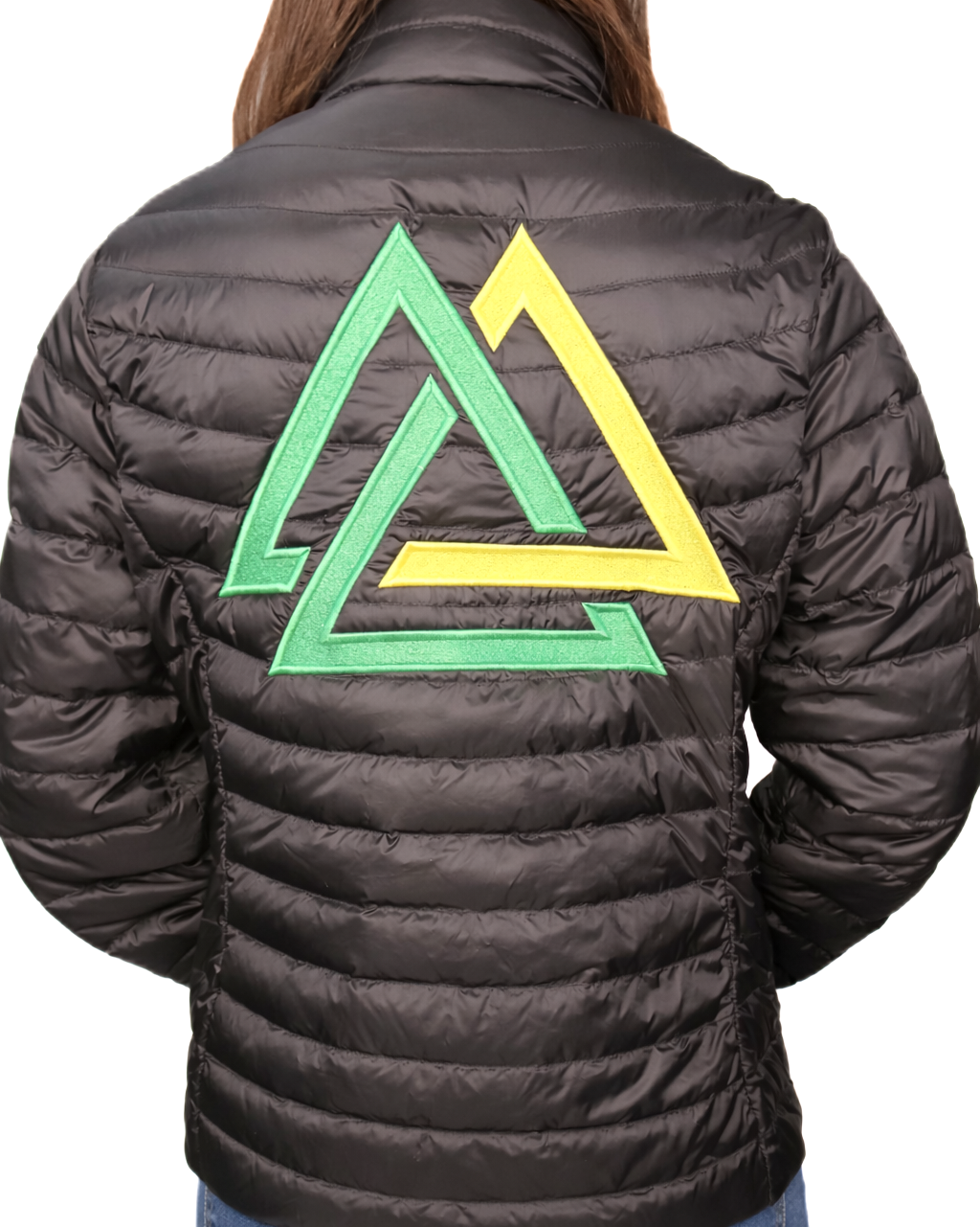 Black puffer jacket with PIEDREROS logo