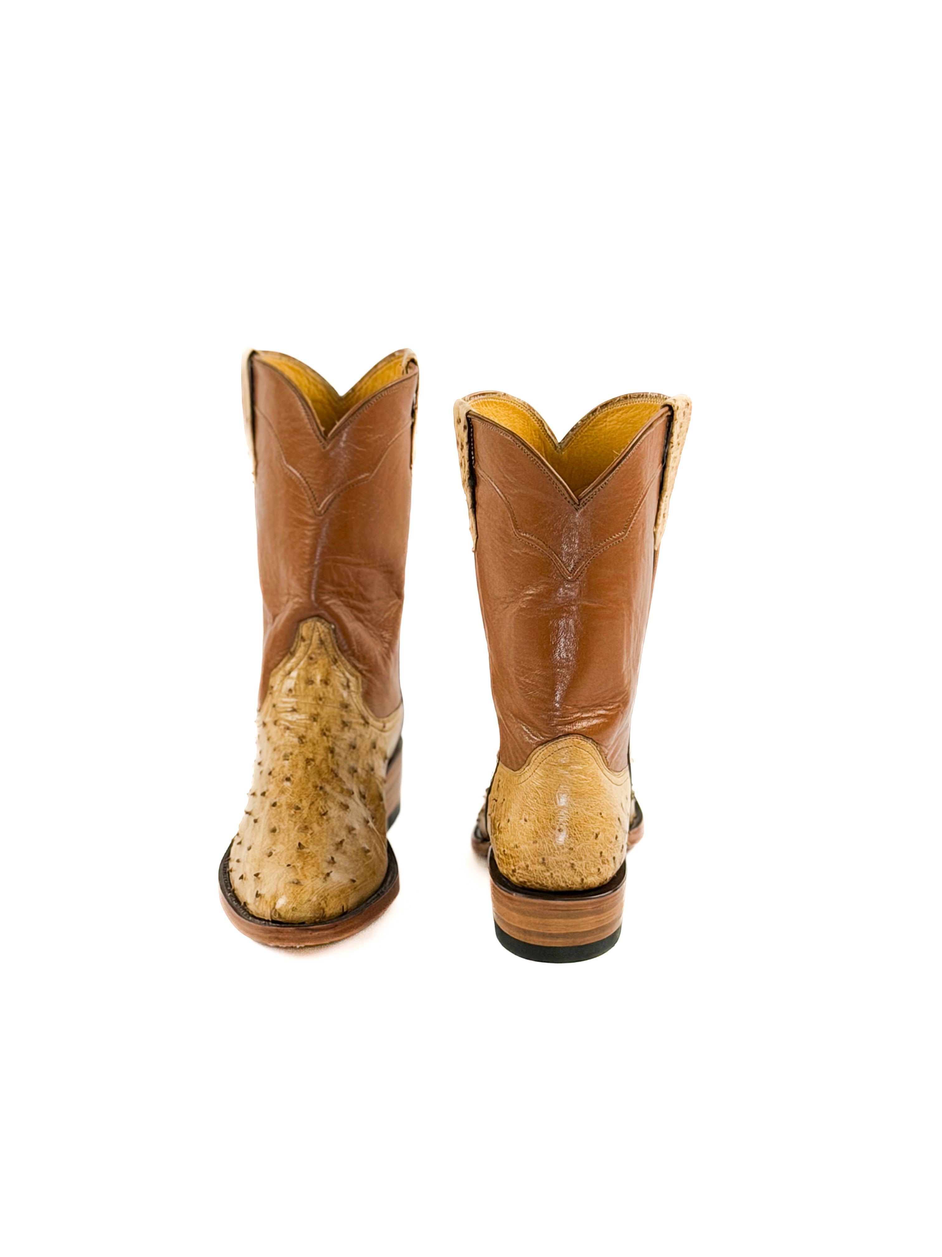 Bronze round toe ostrich boots with a burnt orange upper shaft