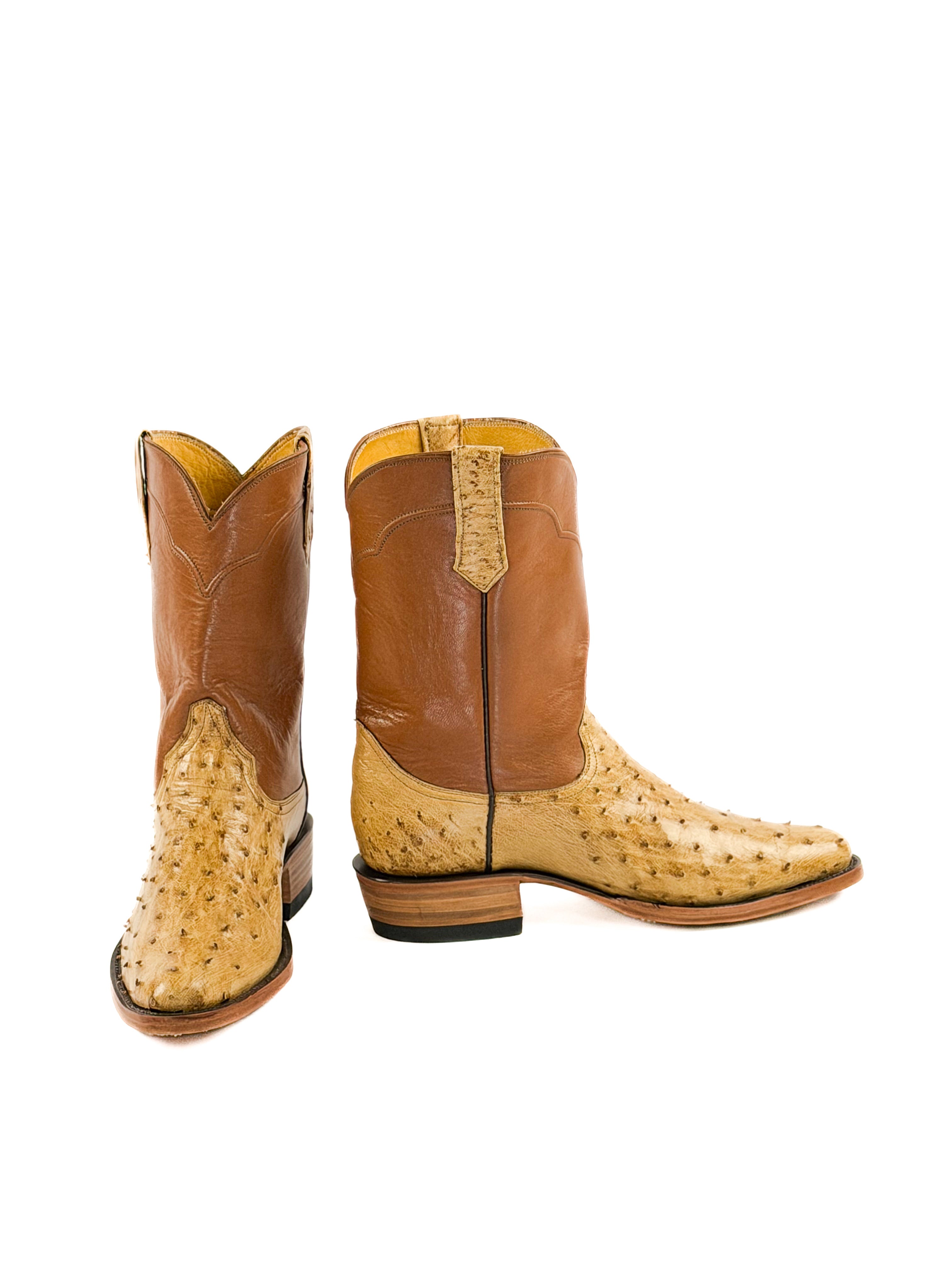 Bronze round toe ostrich boots with a burnt orange upper shaft