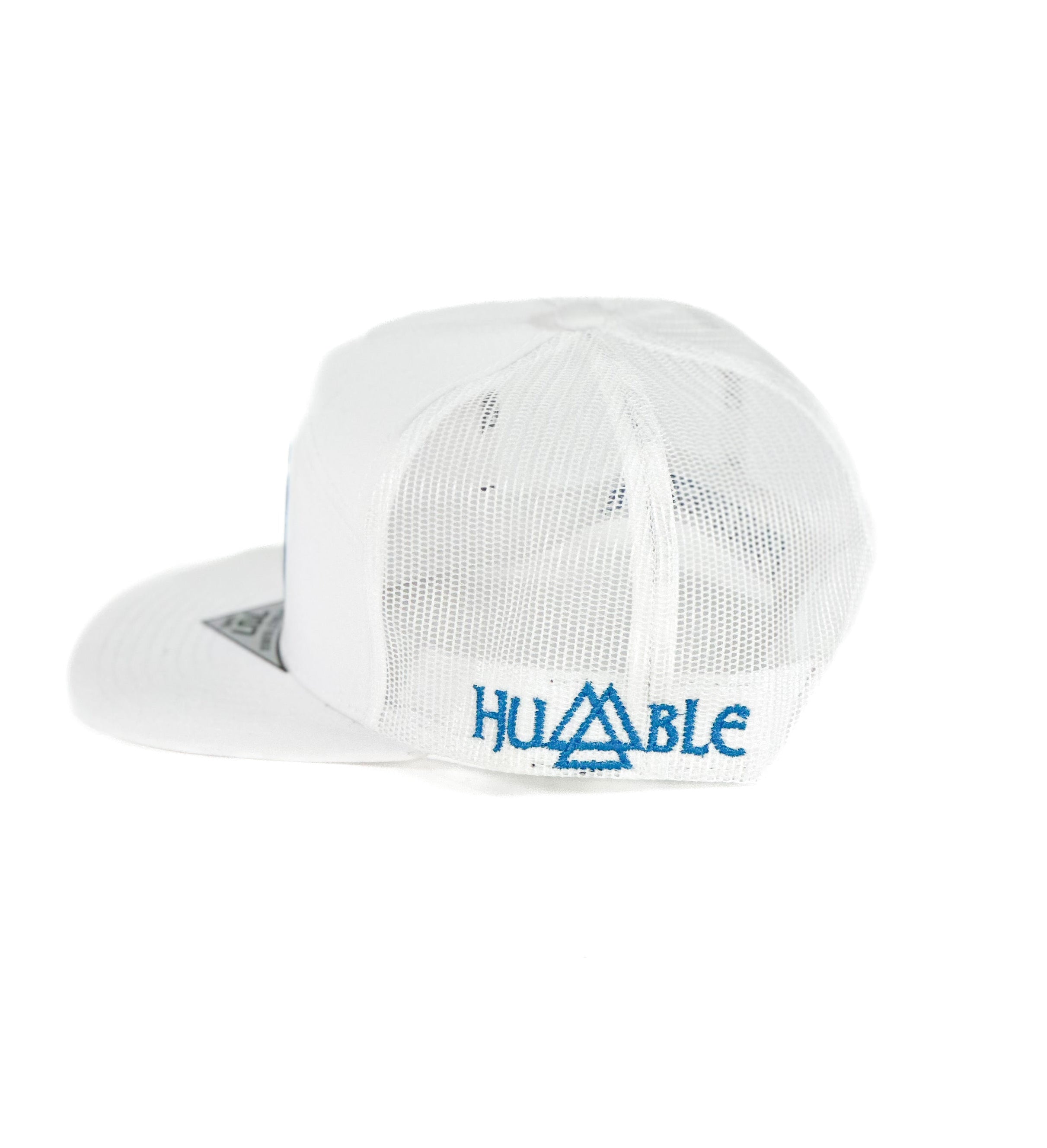 White mesh cap with Blue Humble cuadra piedreros logo 