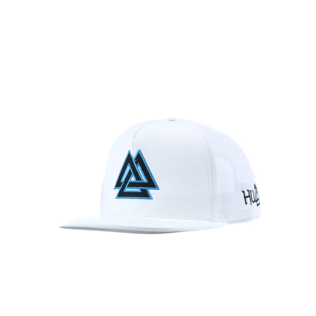 White cap with a black and blue logo