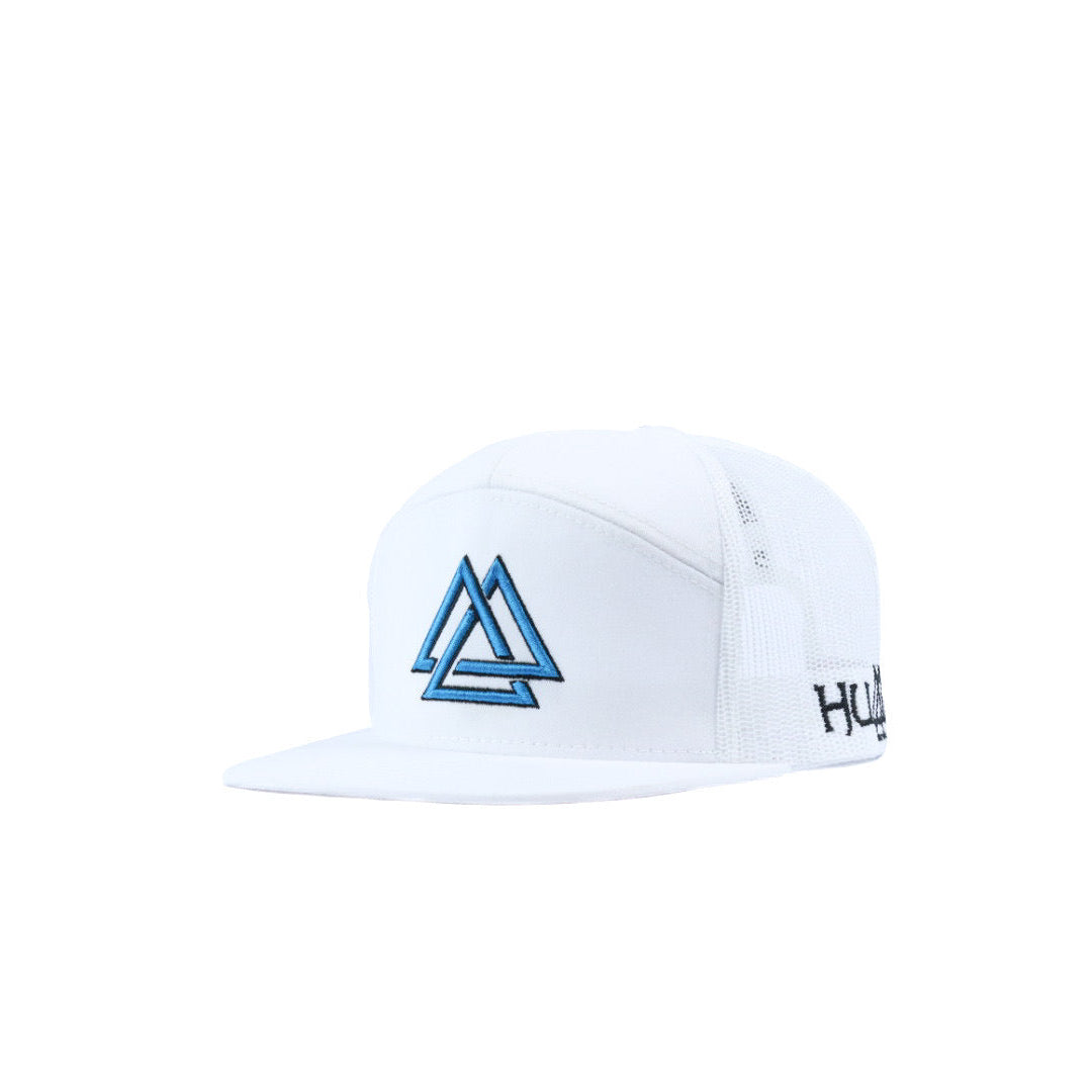 White cap with a blue and black logo