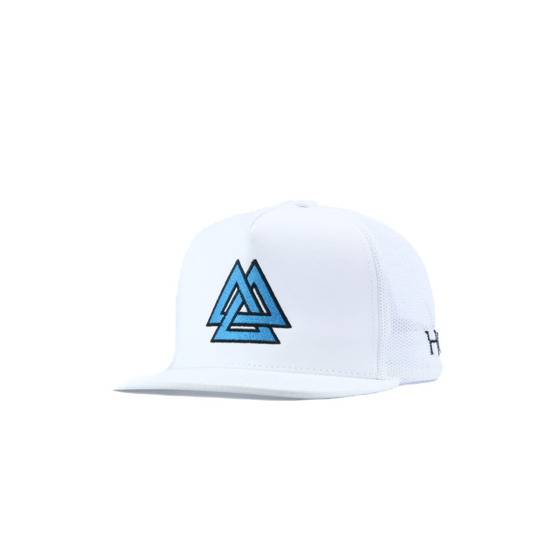 White mesh cap with blue and black logo