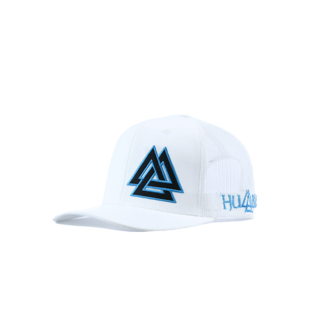 White mesh cap with black and blue logo