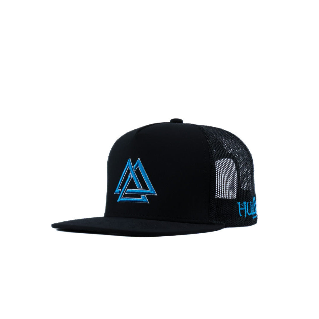 Black cap with blue and white logo