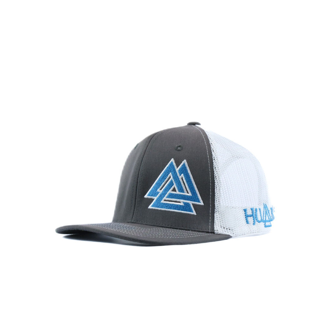 Gray mesh cap with blue and white logo