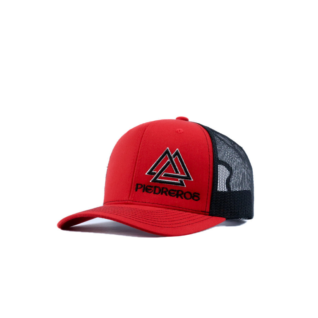 Red and black cap with a logo on a white background